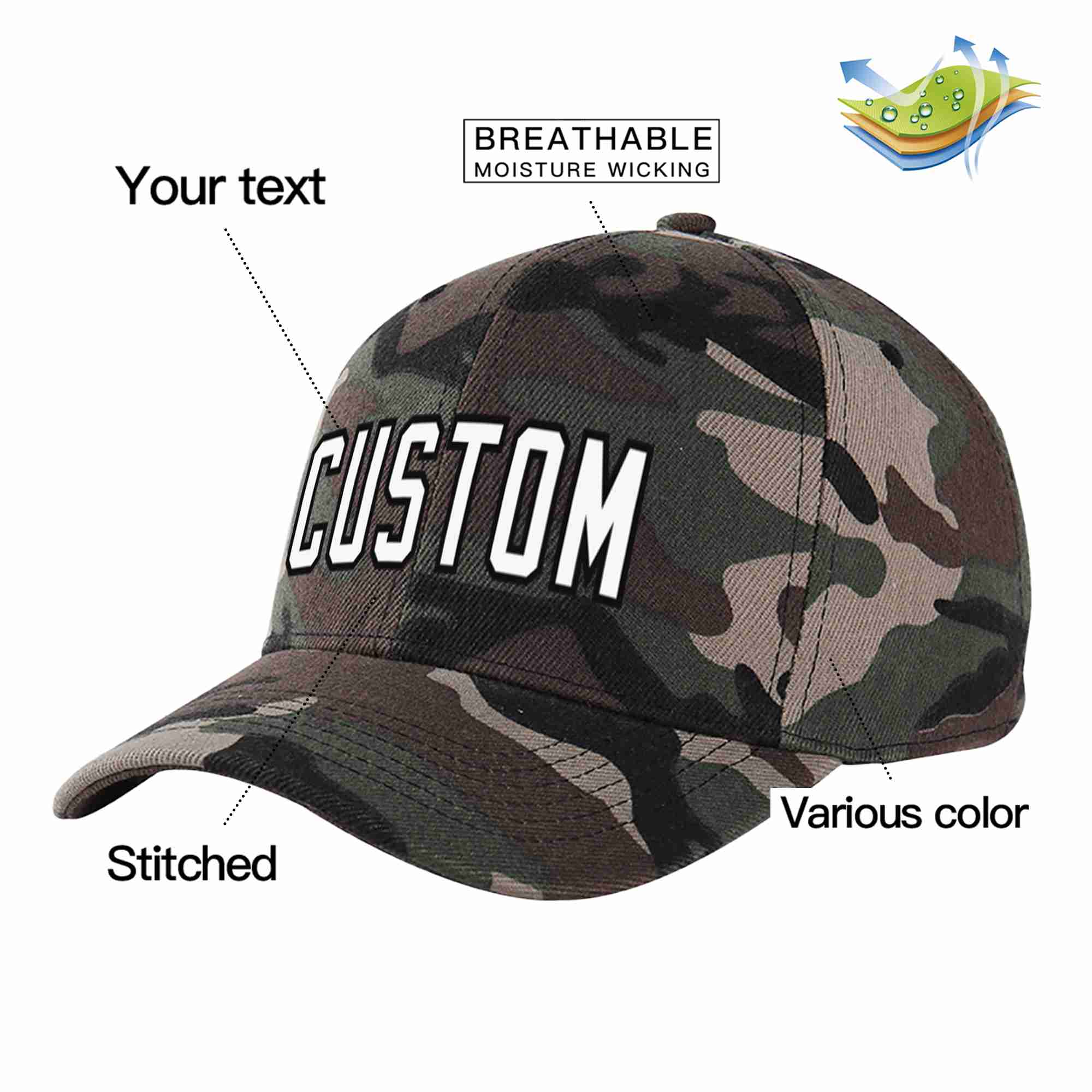 Custom Camo White-Black Curved Eaves Sport Baseball Cap Design for Men/Women/Youth