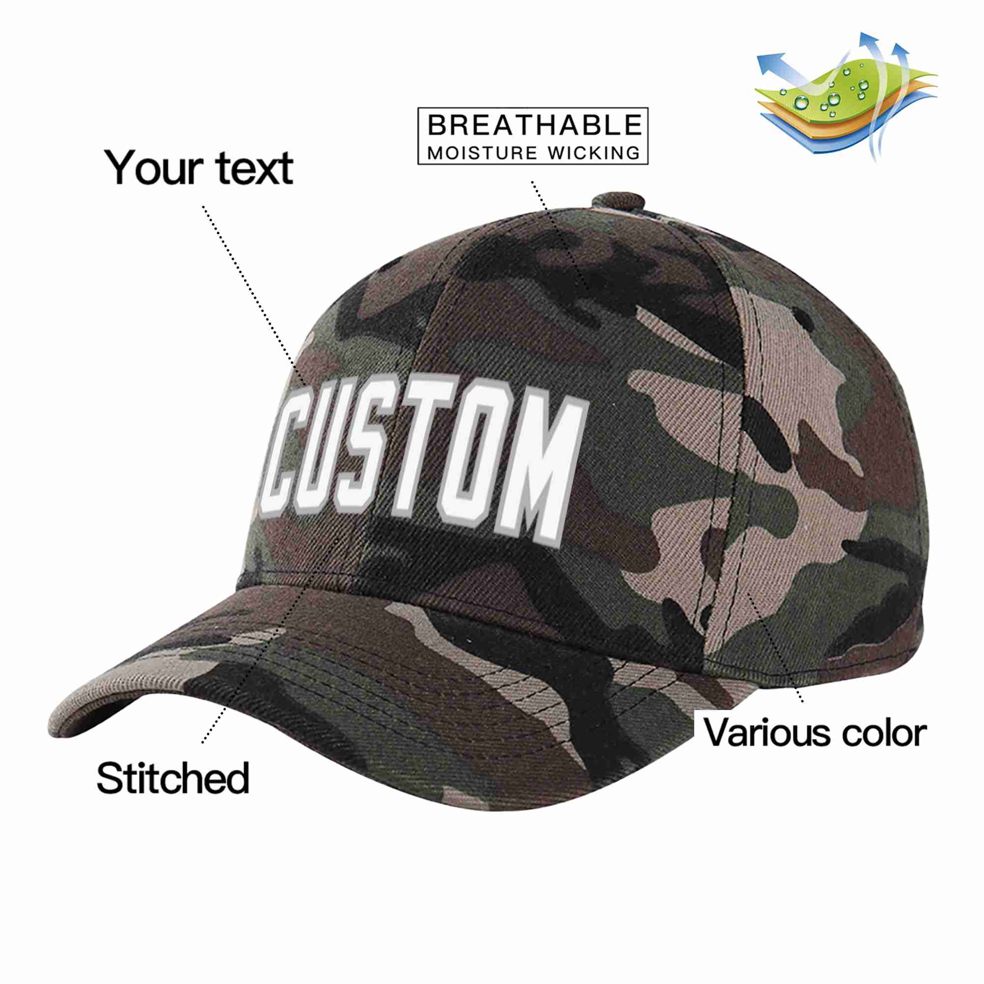 Custom Camo White-Gray Curved Eaves Sport Baseball Cap Design for Men/Women/Youth