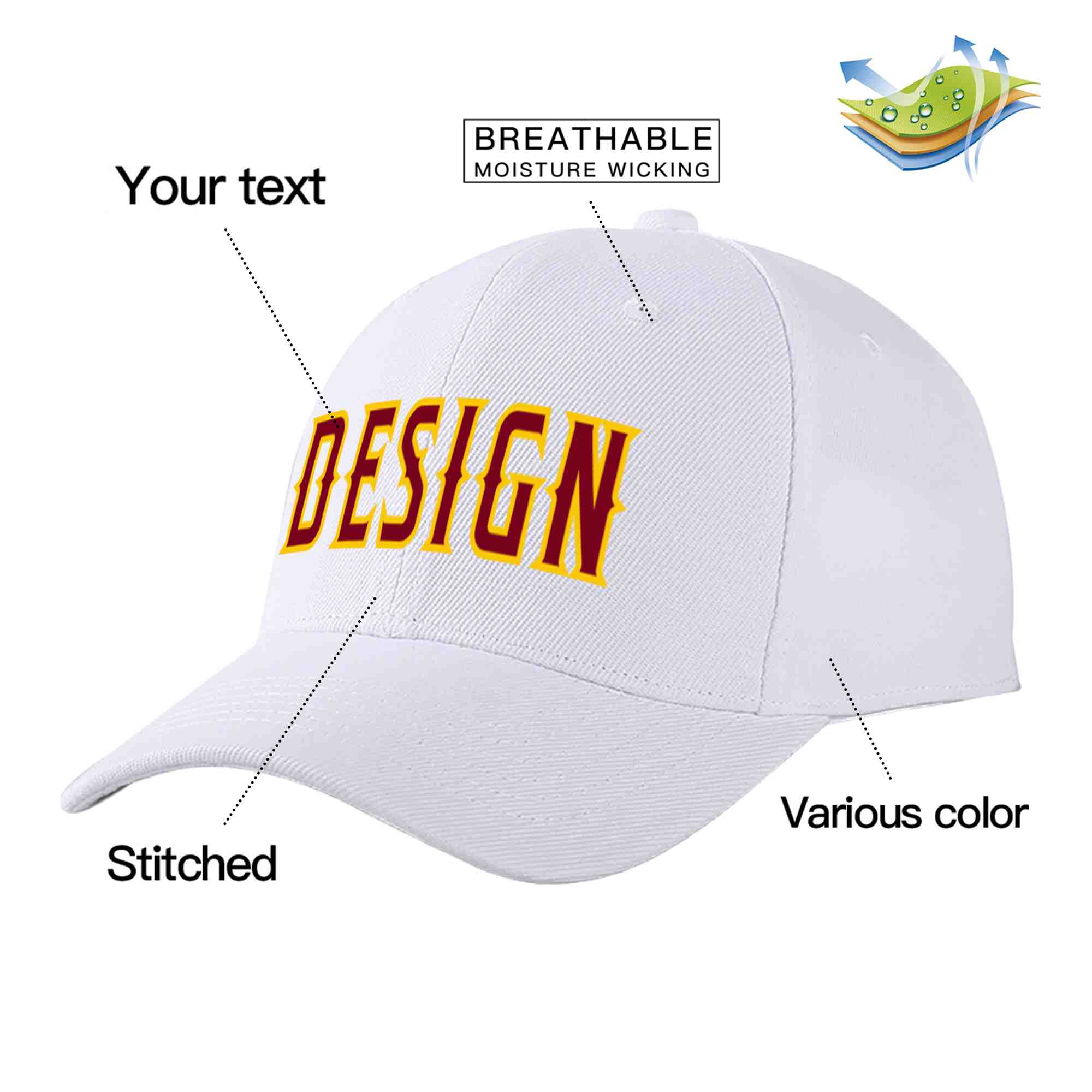 Casquette de baseball personnalisée blanche cramoisi-jaune courbée Eaves Sport Design