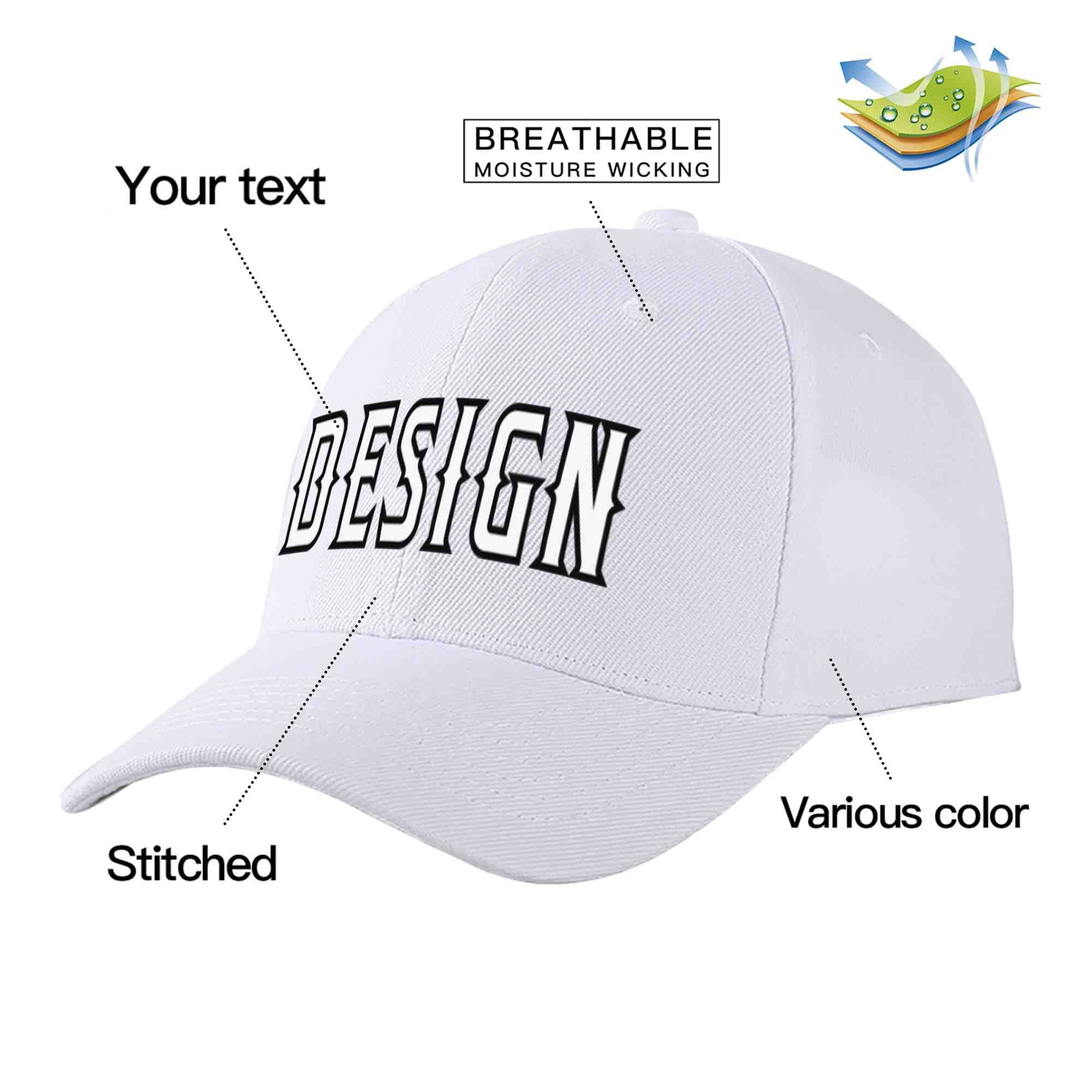 Custom White White-Black Curved Eaves Sport Design Baseball Cap