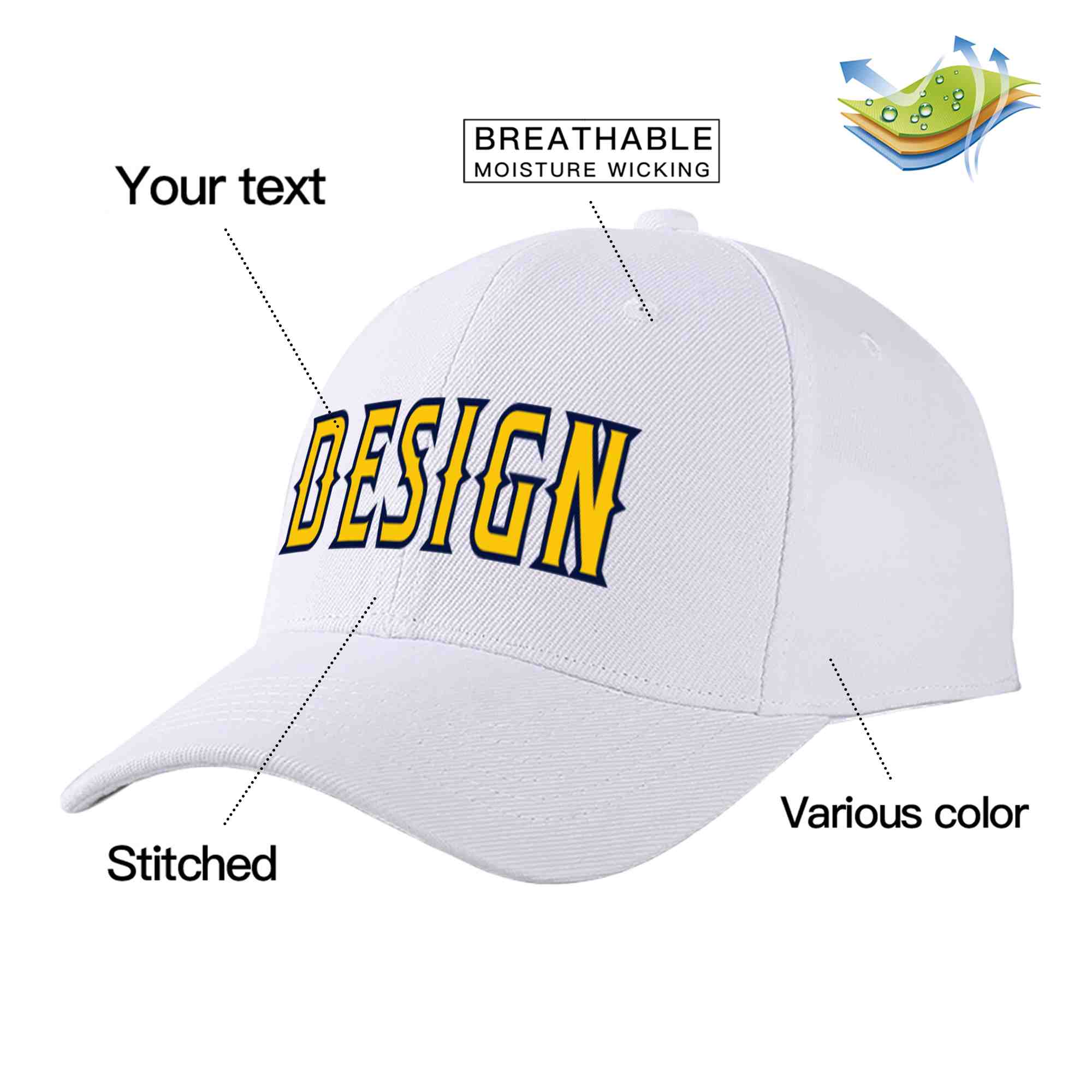 Custom White Yellow-Navy Curved Eaves Sport Design Baseball Cap