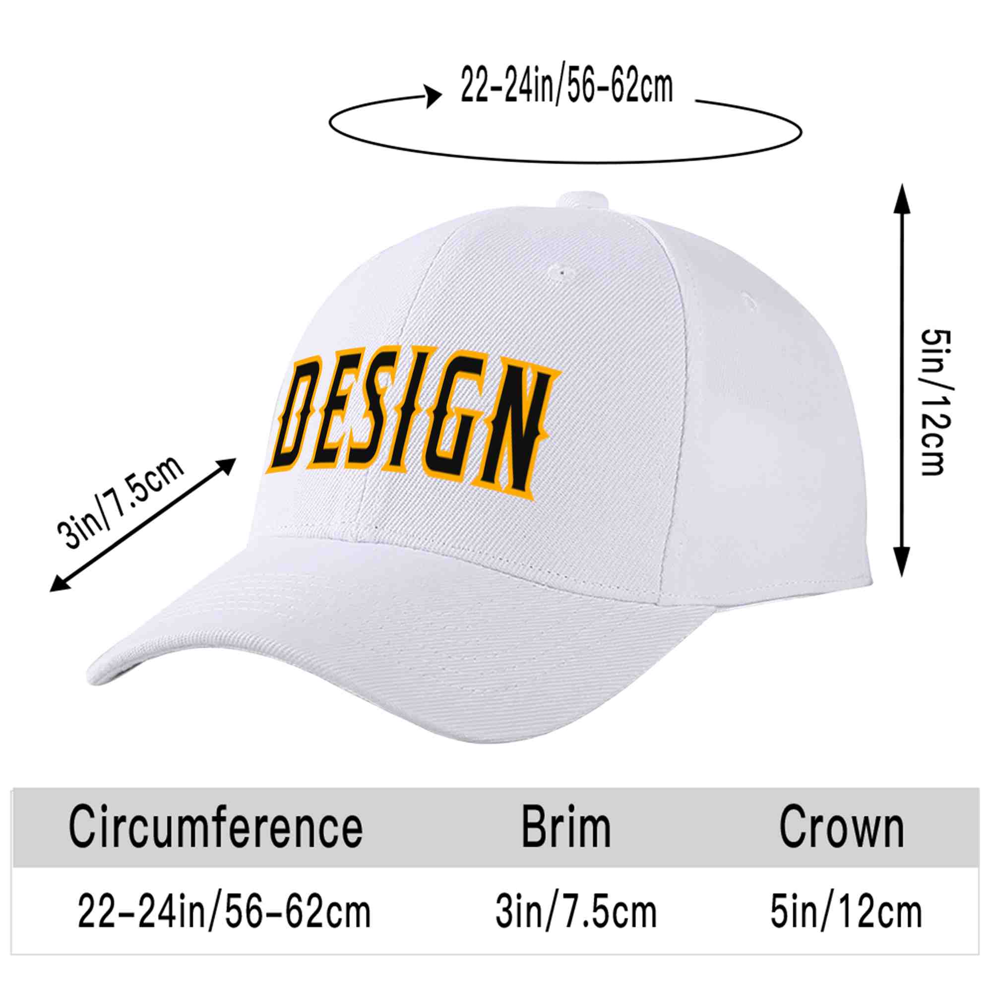 Custom White Black-Yellow Curved Eaves Sport Design Baseball Cap