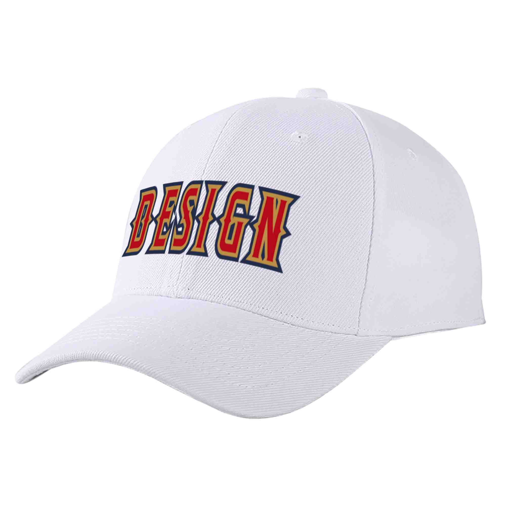 Custom White Red-Old Gold Curved Eaves Sport Design Baseball Cap