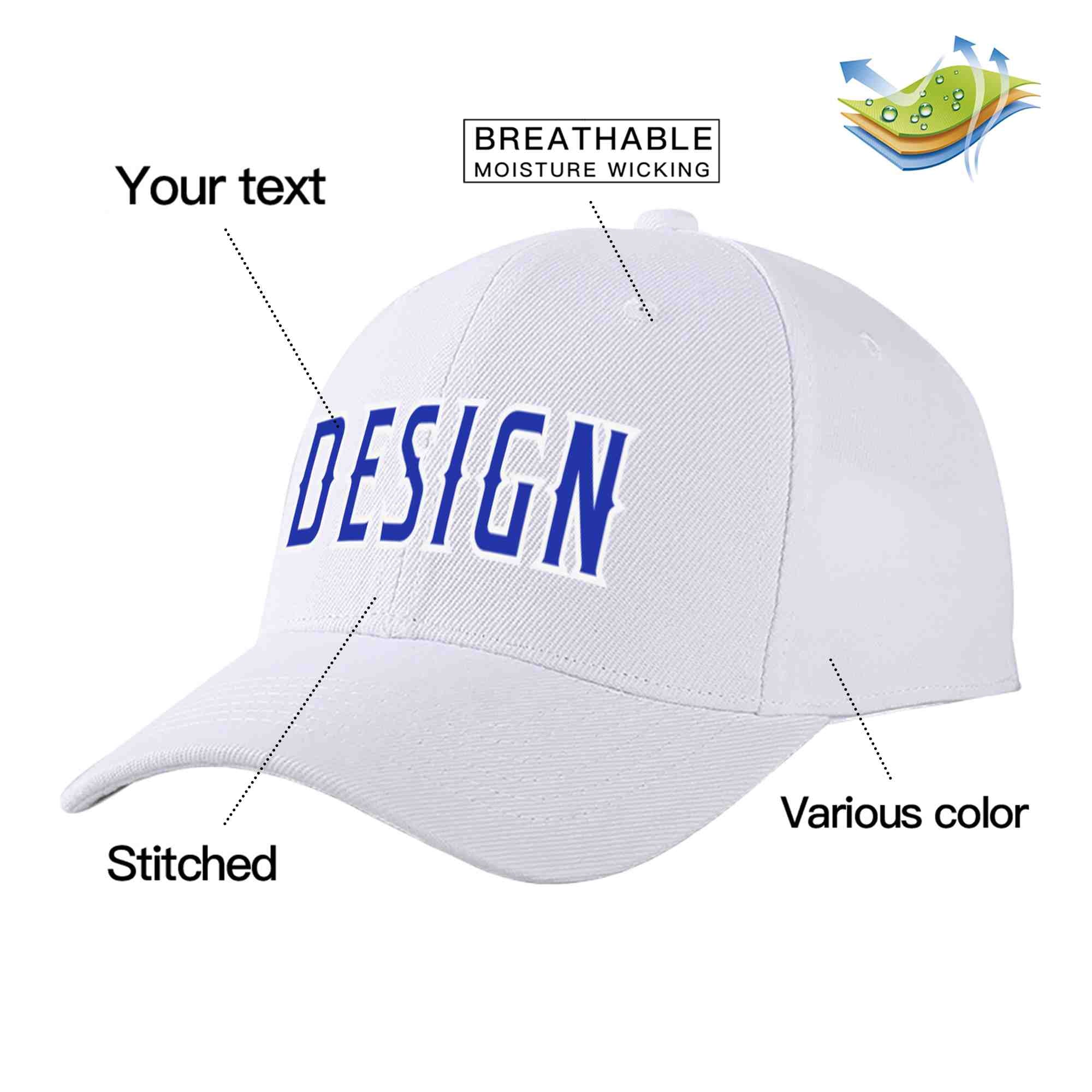 Casquette de baseball personnalisée blanche royale-blanche incurvée Eaves Sport Design