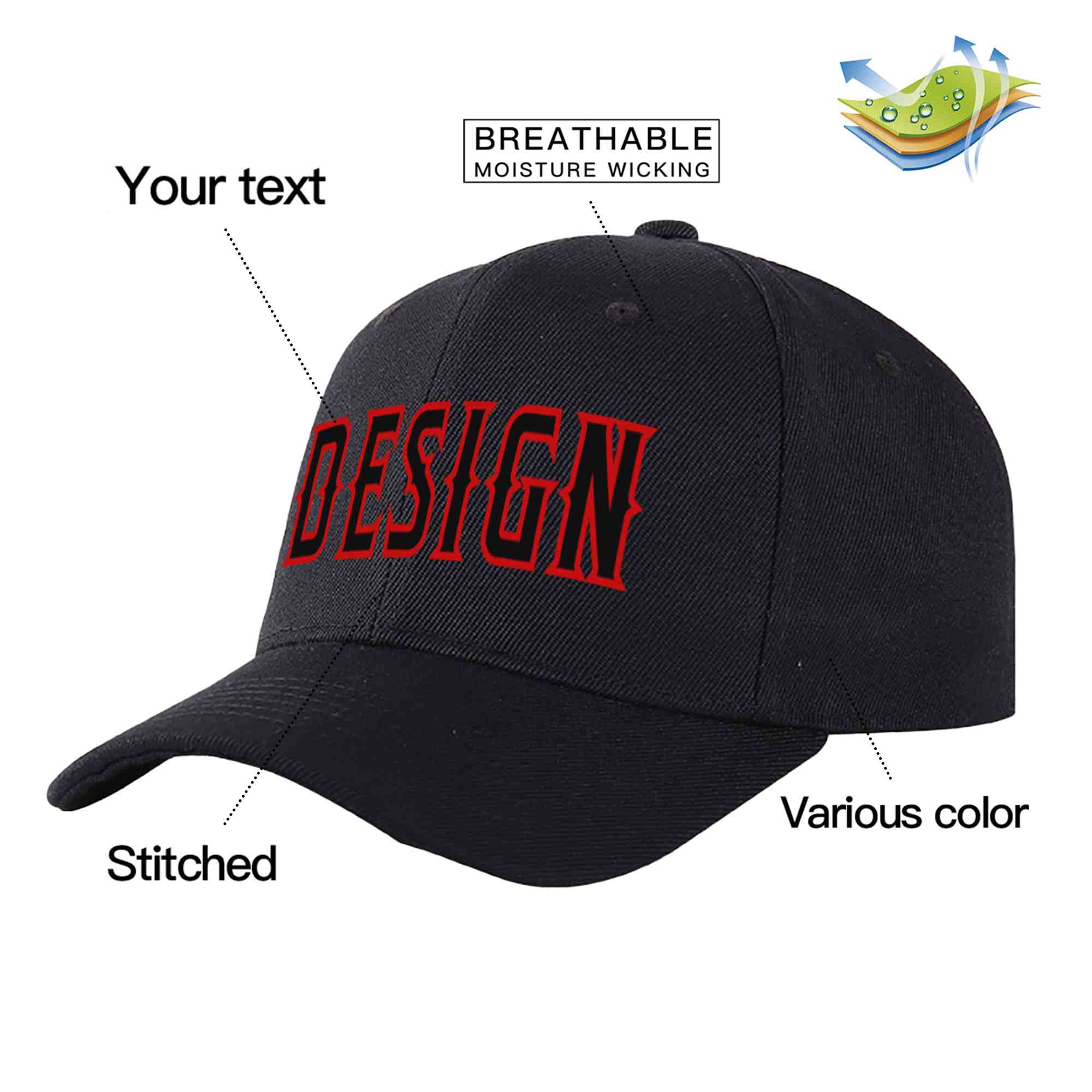 Custom Black Black-Red Curved Eaves Sport Design Baseball Cap