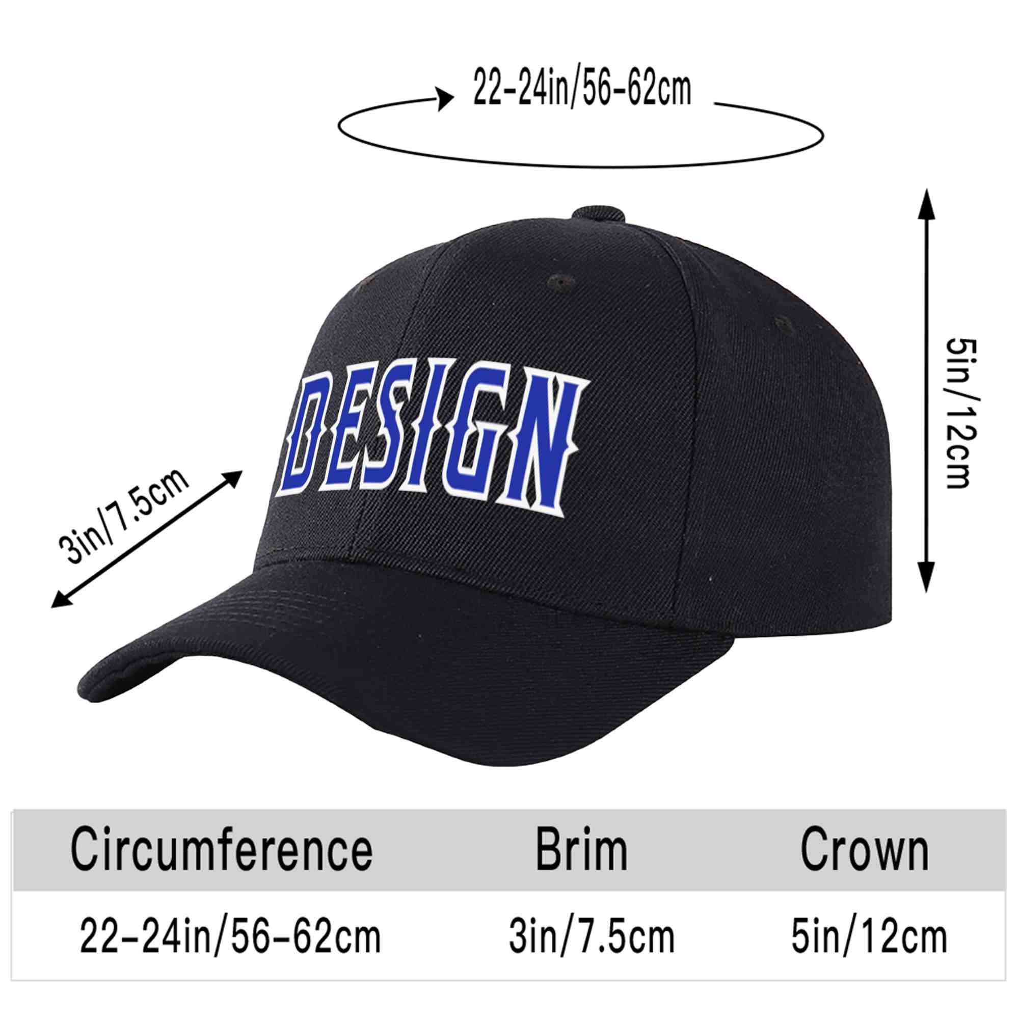 Custom Black Royal-White Curved Eaves Sport Design Baseball Cap