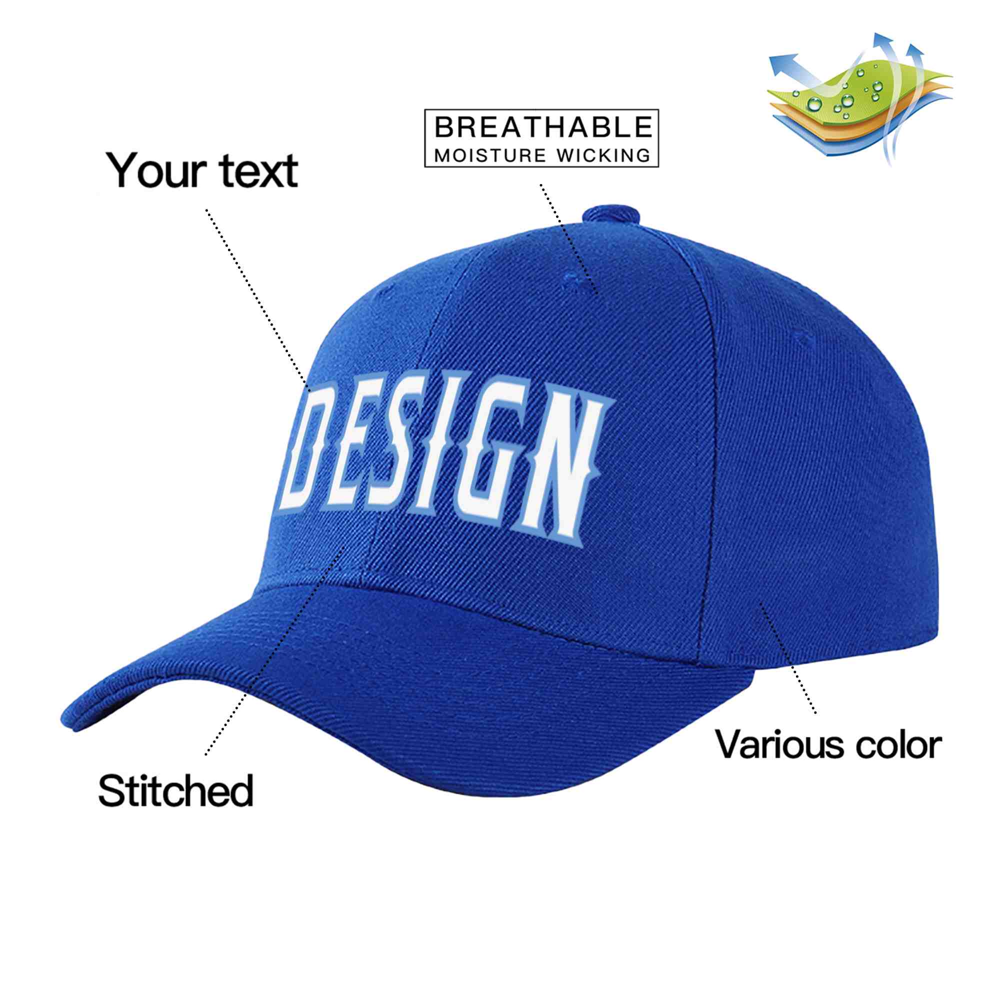 Casquette de baseball personnalisée Royal White-Light Blue Curved Eaves Sport Design