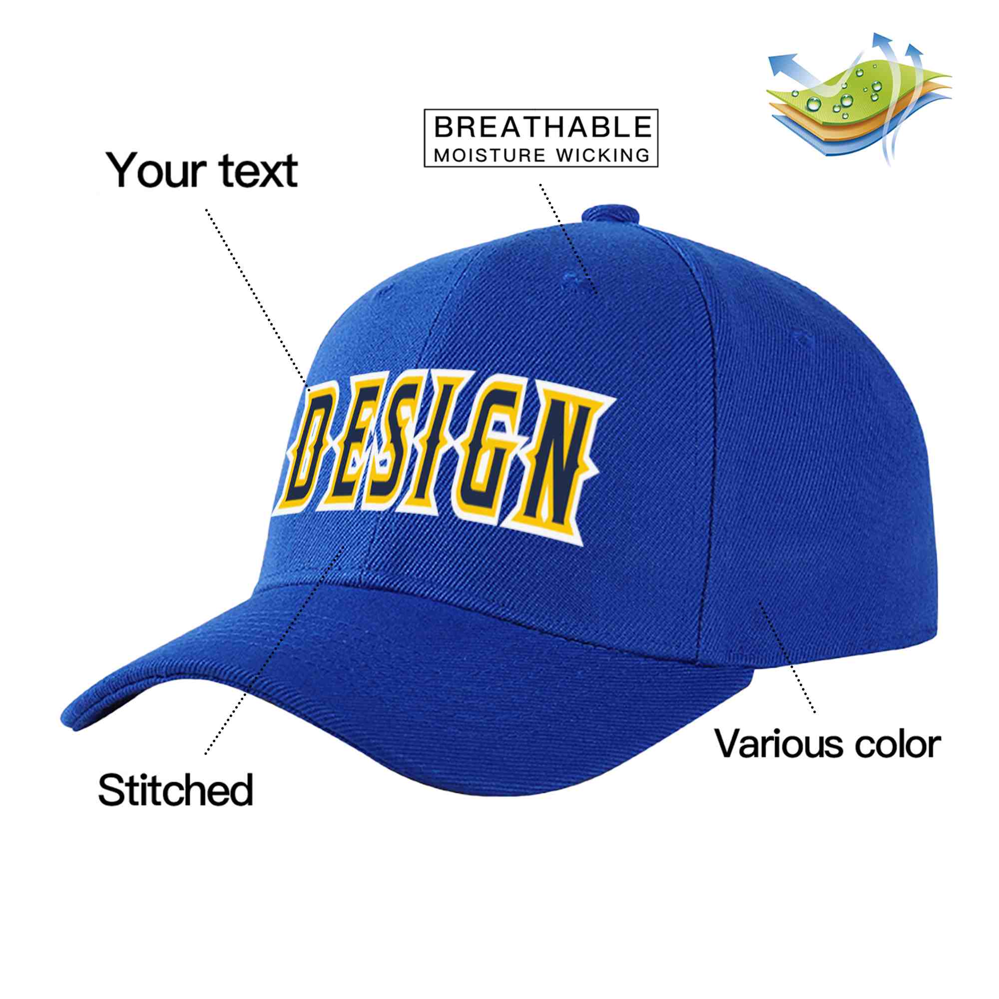 Custom Royal Navy-Yellow Curved Eaves Sport Design Baseball Cap