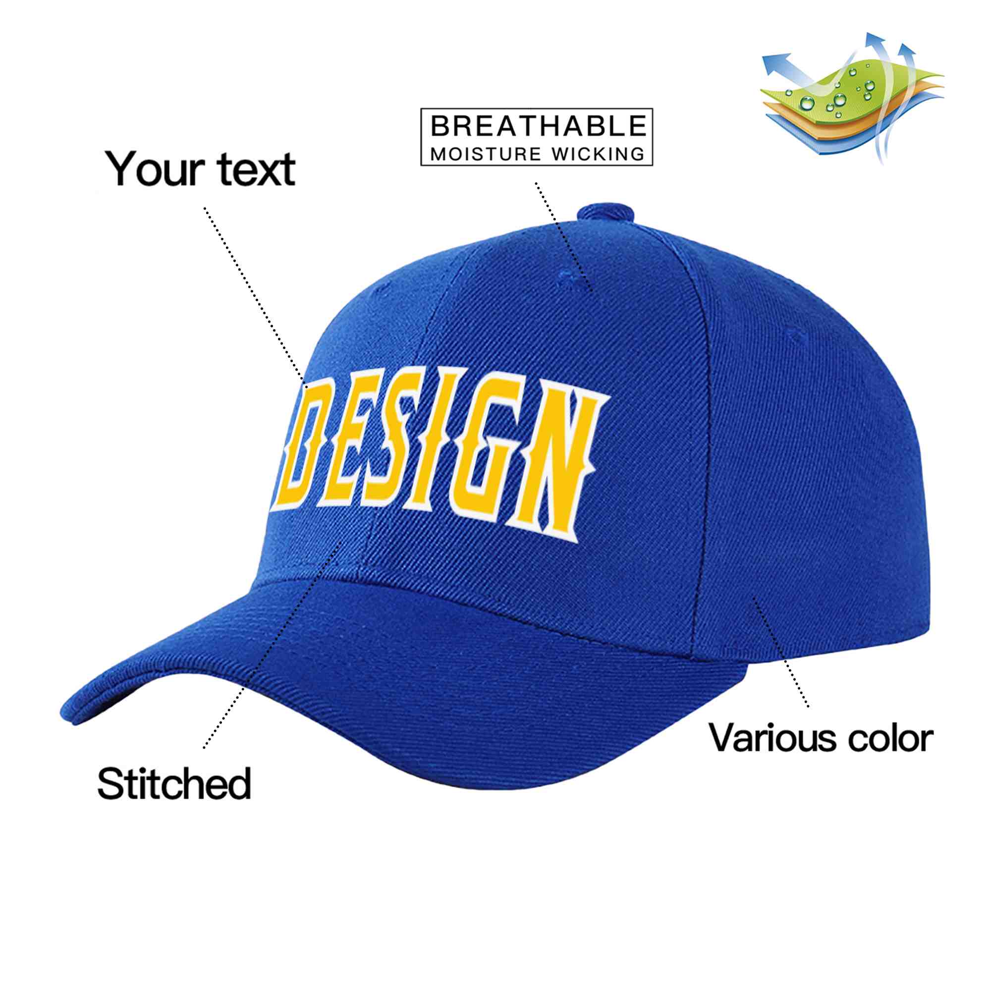 Custom Royal Yellow-White Curved Eaves Sport Design Baseball Cap