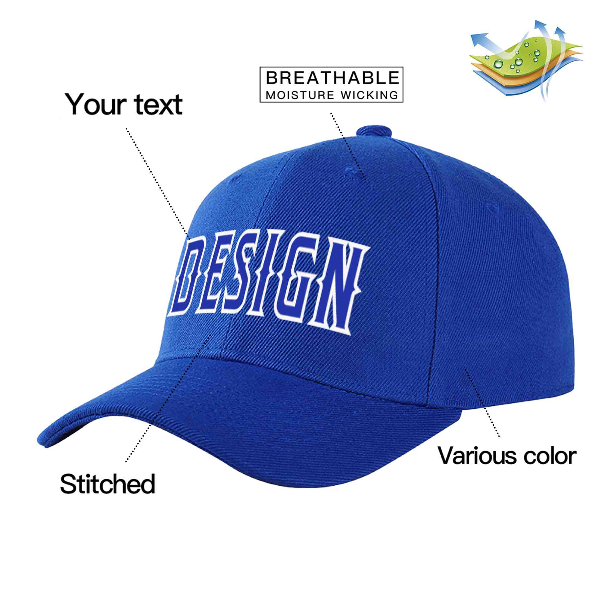 Casquette de baseball personnalisée Royal Royal-White Curved Eaves Sport Design