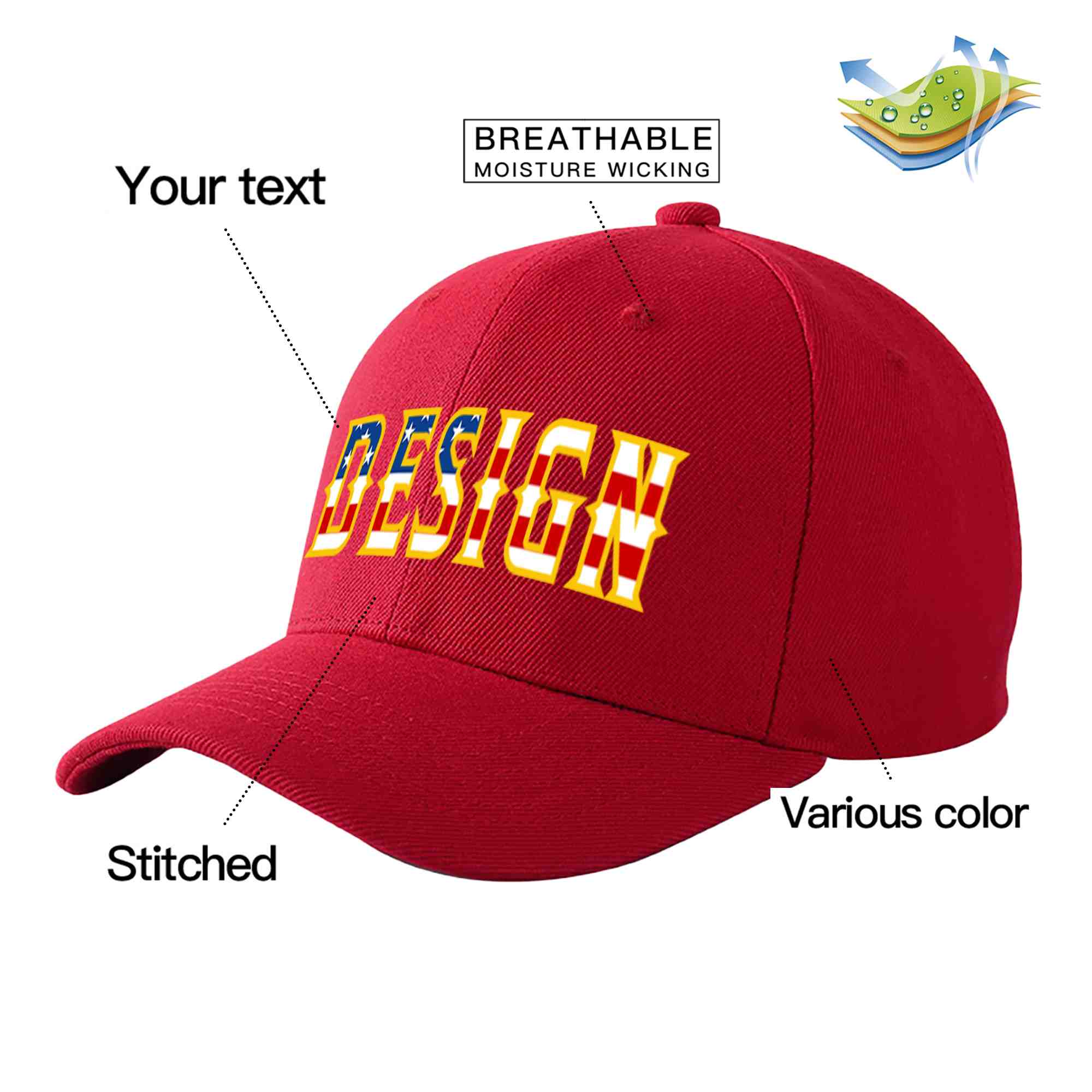 Casquette de baseball personnalisée avec drapeau américain vintage rouge et or avec avant-toit incurvé et design sportif