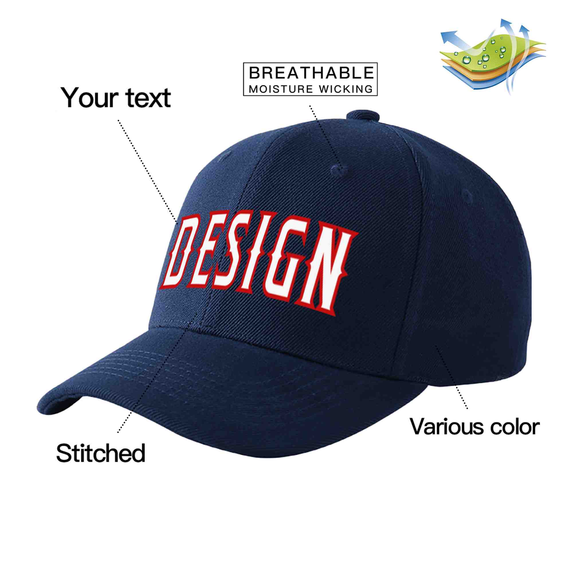 Custom Navy White-Red Curved Eaves Sport Design Baseball Cap