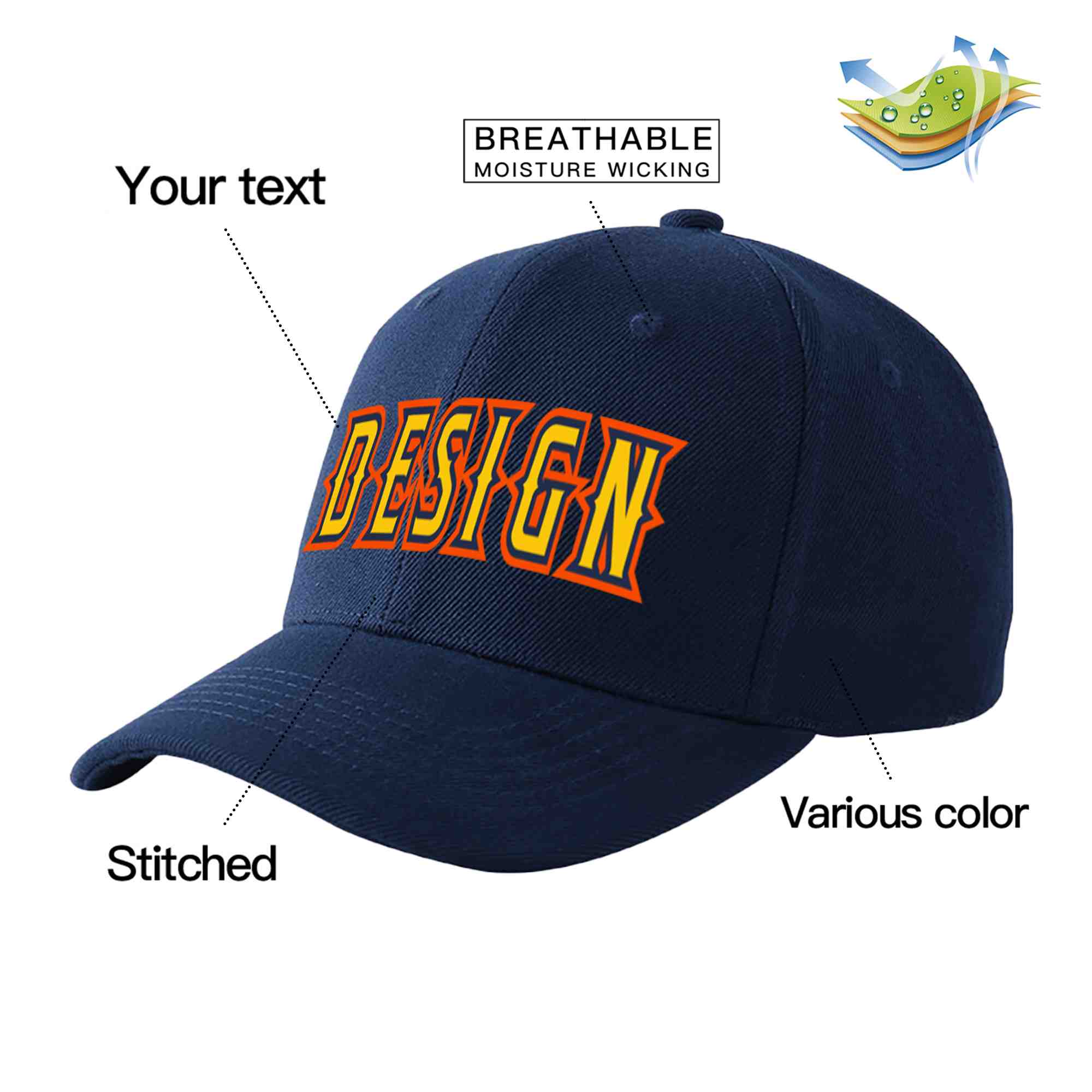 Custom Navy Gold-Navy Curved Eaves Sport Design Baseball Cap