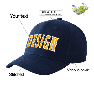 Custom Navy Yellow-White Curved Eaves Sport Design Baseball Cap