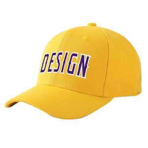 Custom Gold Purple-White Curved Eaves Sport Design Baseball Cap