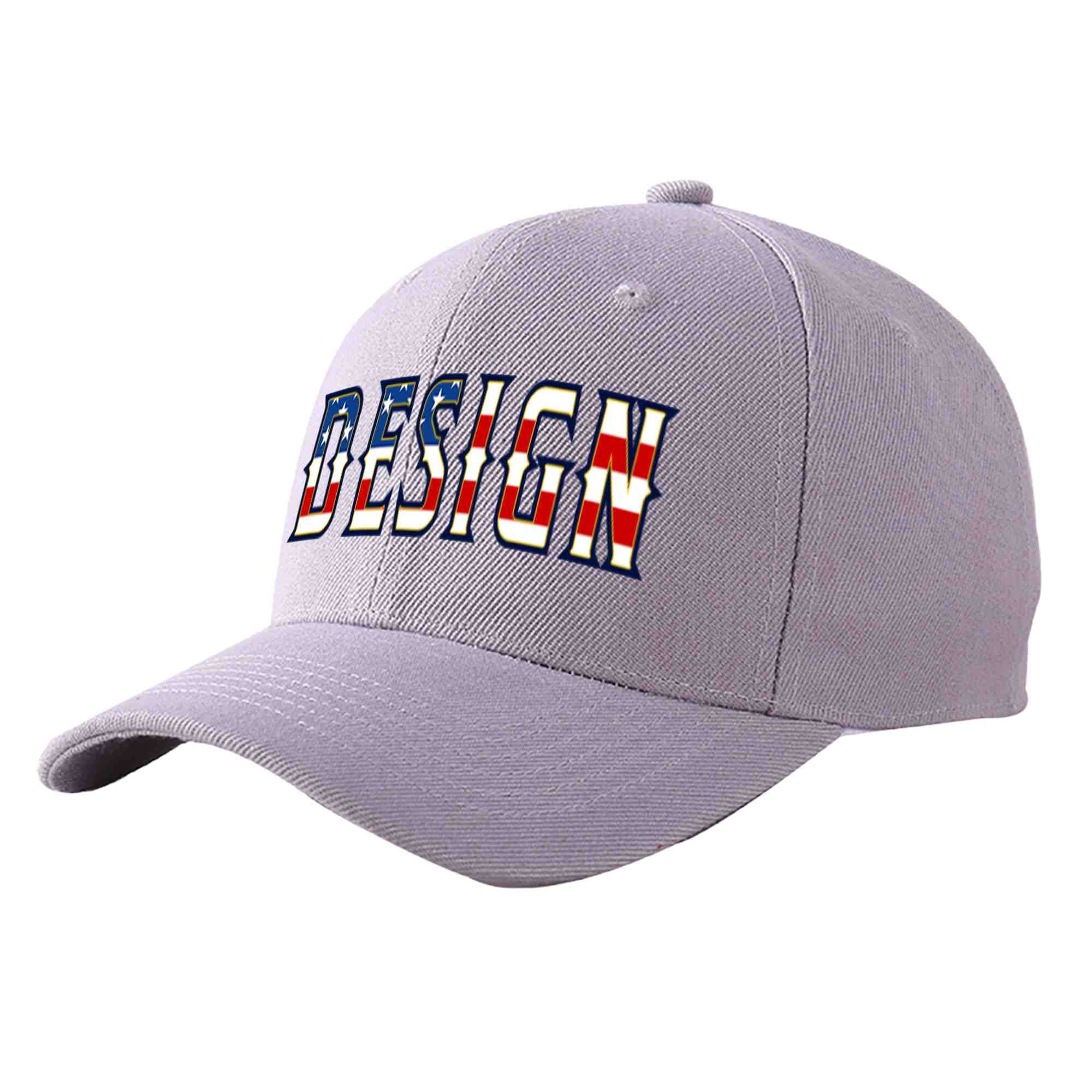 Casquette de baseball personnalisée avec drapeau américain, gris, vintage, avec avant-toit incurvé et or, Design sportif