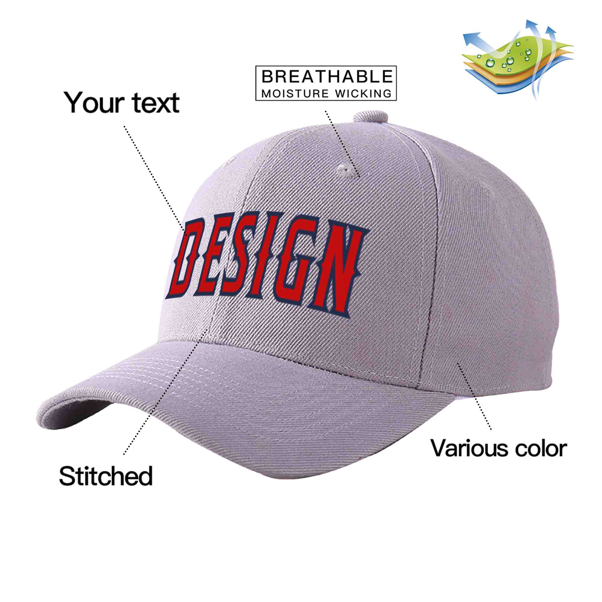 Casquette de baseball courbée personnalisée gris rouge-marine Eaves Sport Design