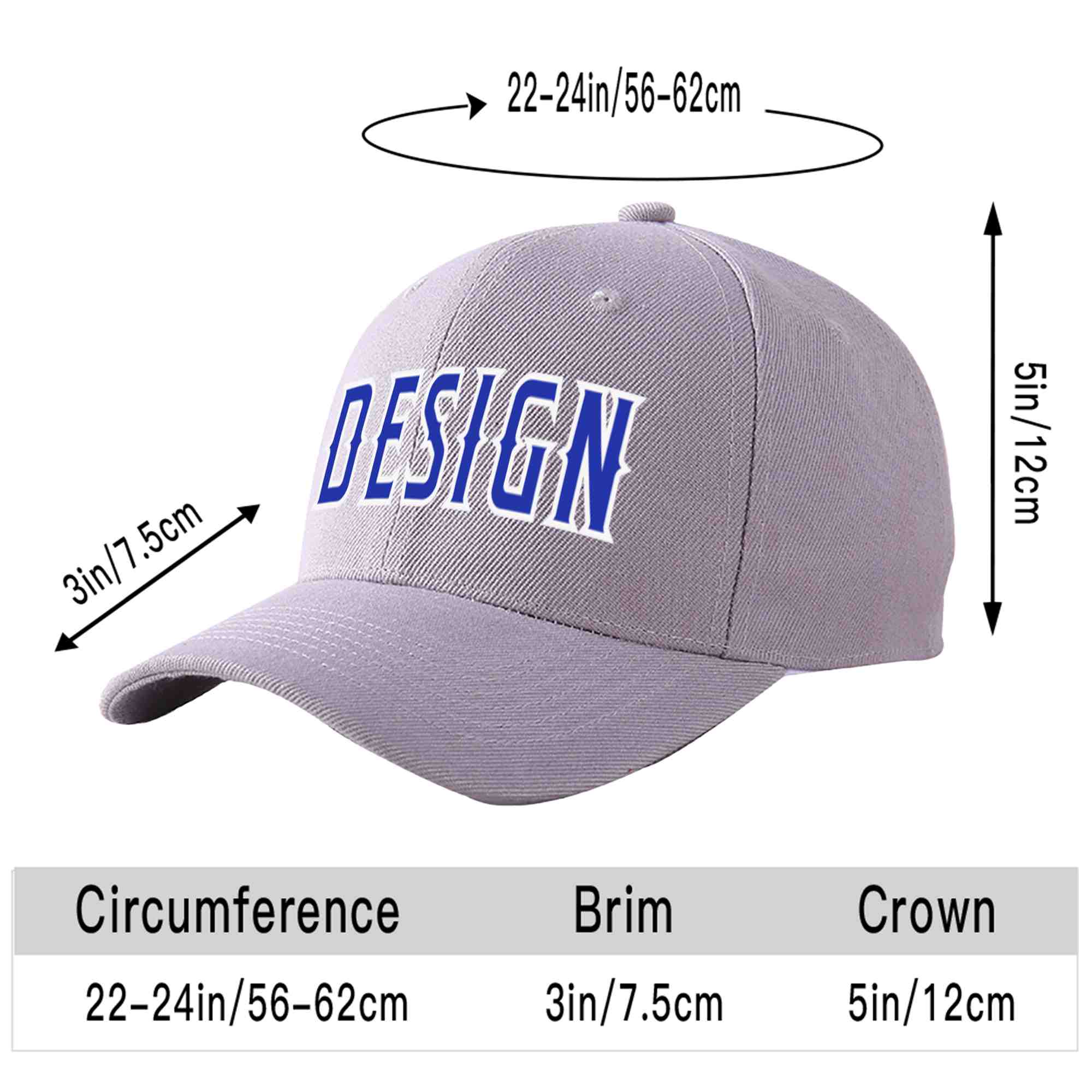 Casquette de baseball personnalisée gris royal-blanc courbé Eaves Sport Design