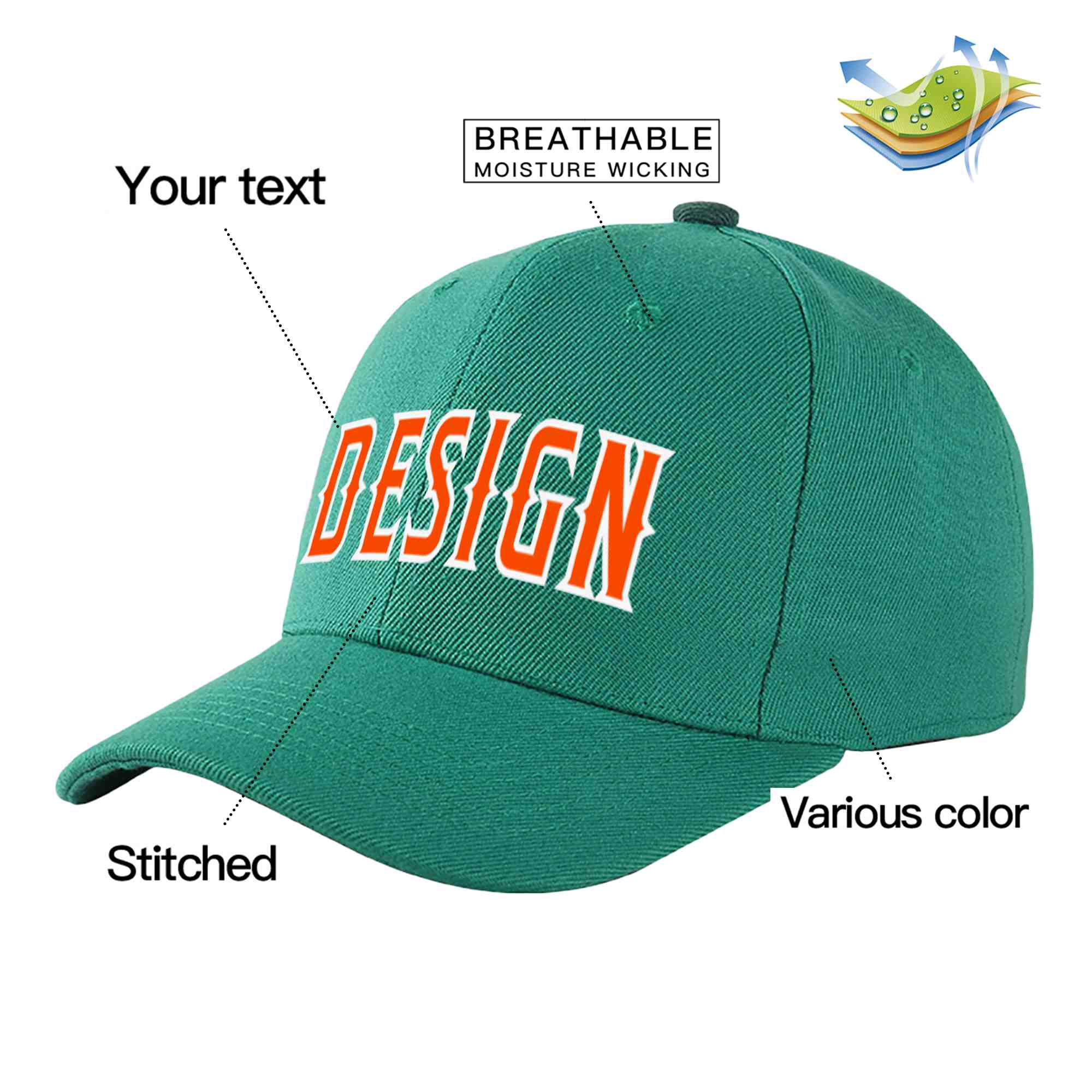 Casquette de baseball incurvée personnalisée vert clair orange-blanc avec avant-toit