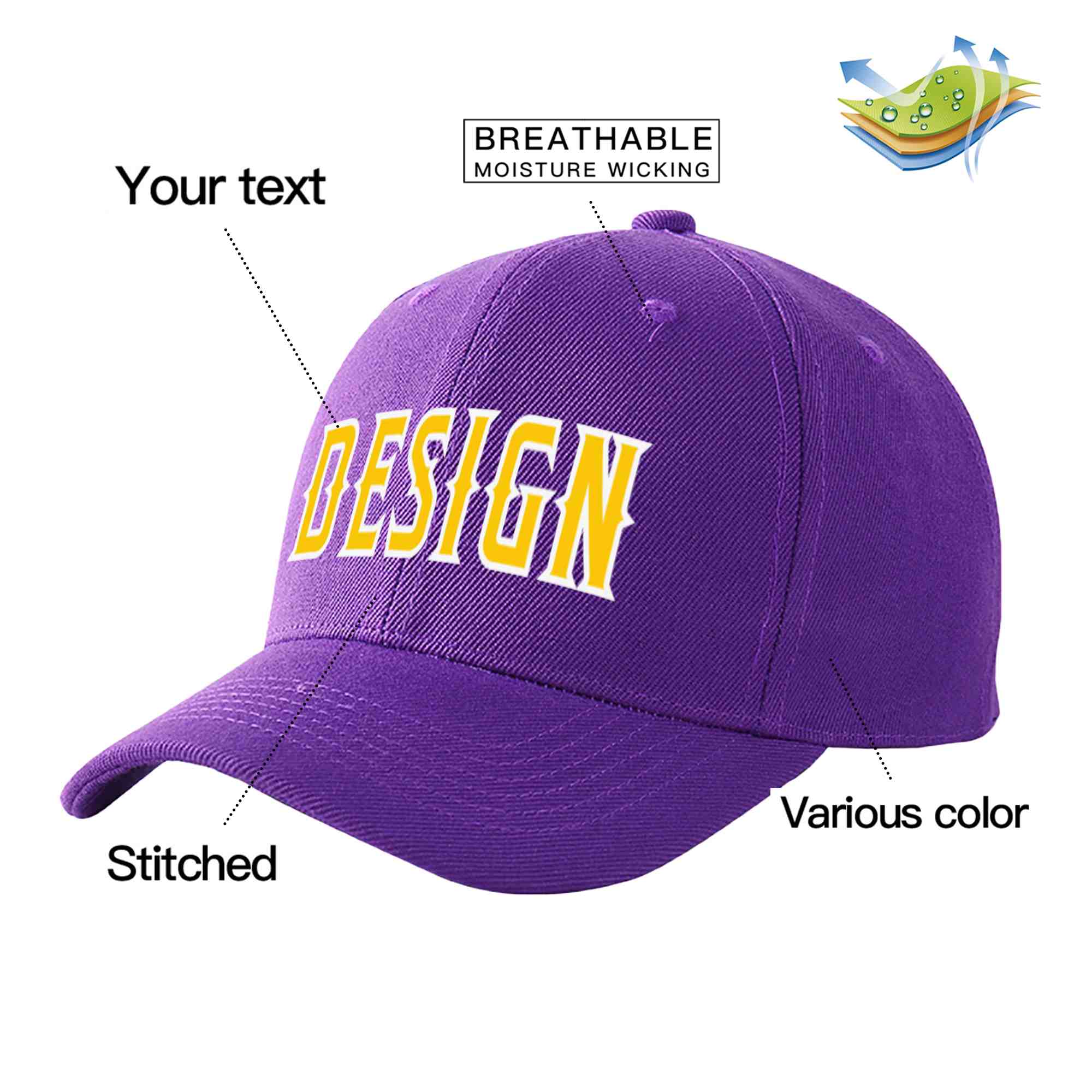 Casquette de baseball personnalisée, violet, or-blanc, courbée, design sportif