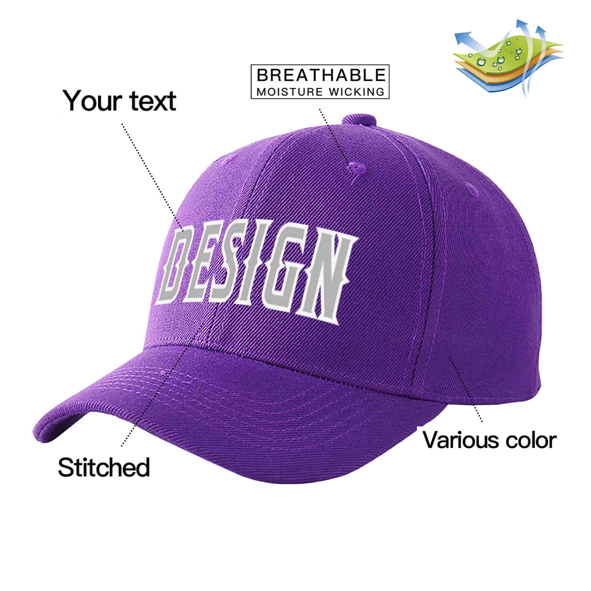 Casquette de baseball personnalisée, violet, gris-blanc, courbée, design sportif