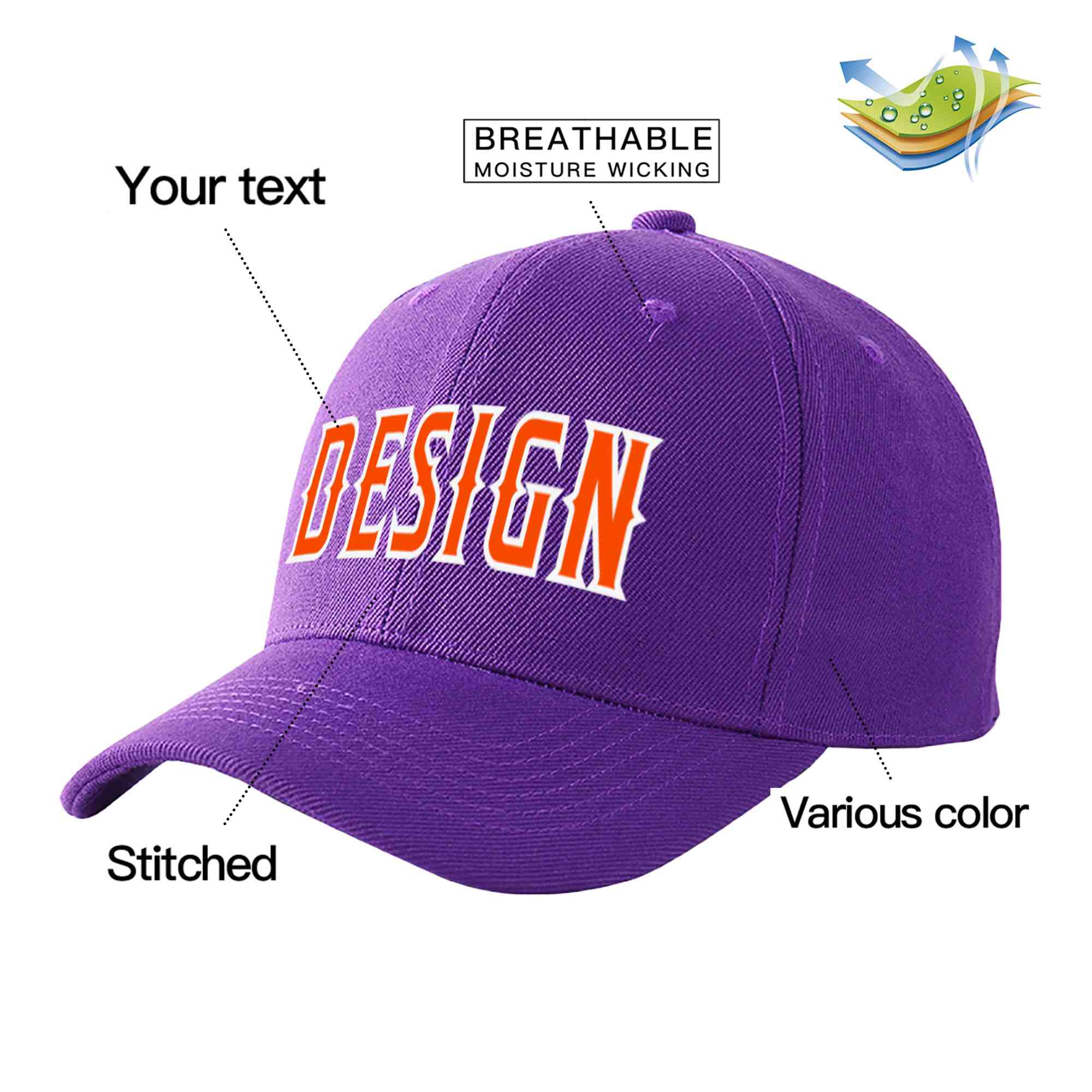 Casquette de baseball personnalisée violet orange-blanc incurvée Eaves Sport Design