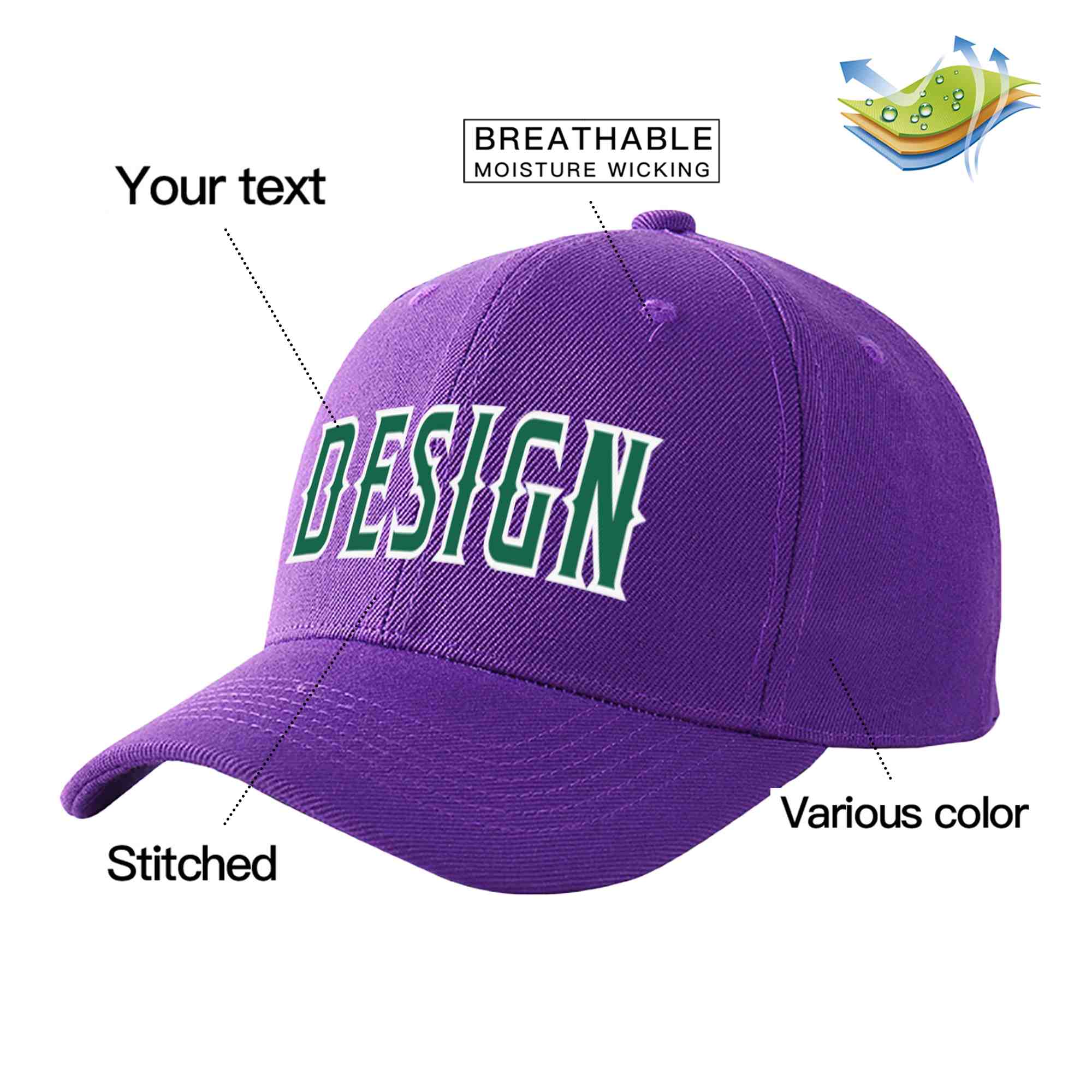 Casquette de baseball personnalisée violet Kelly vert-blanc courbé Eaves Sport Design