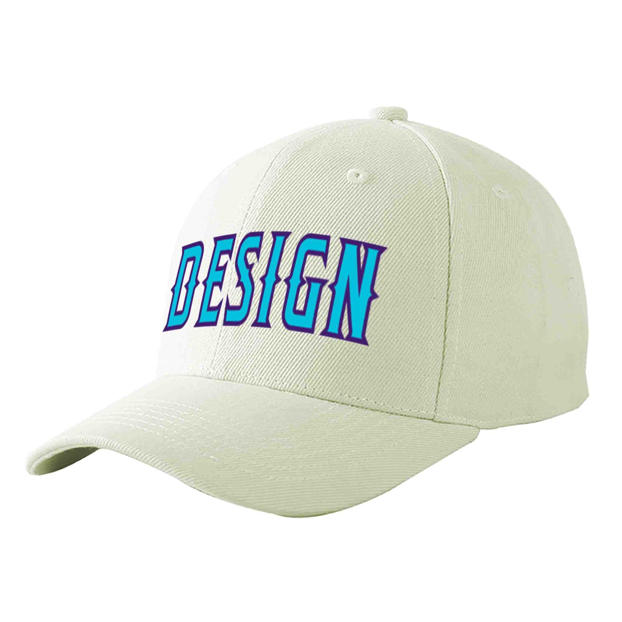 Custom Cream Light Blue-Purple Curved Eaves Sport Design Baseball Cap