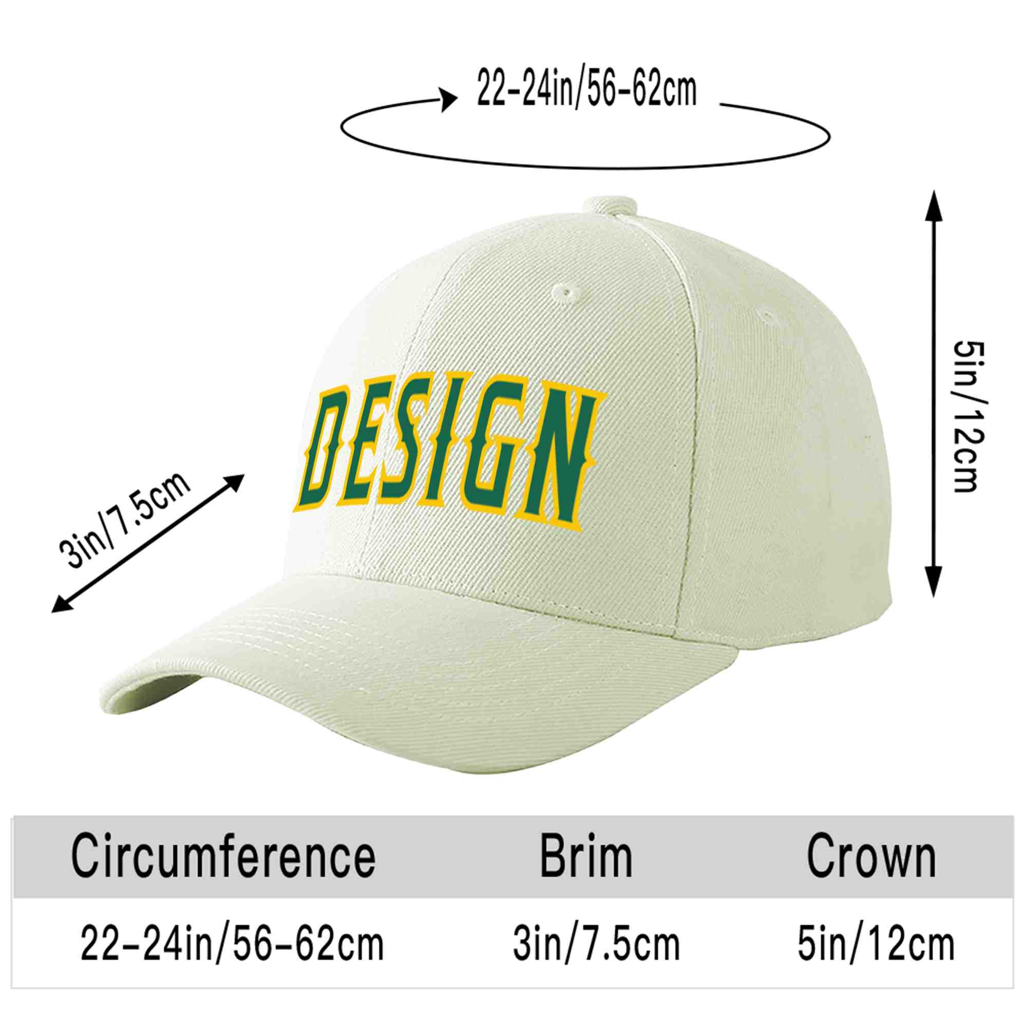 Casquette de baseball personnalisée crème Kelly vert-or courbée Eaves Sport Design