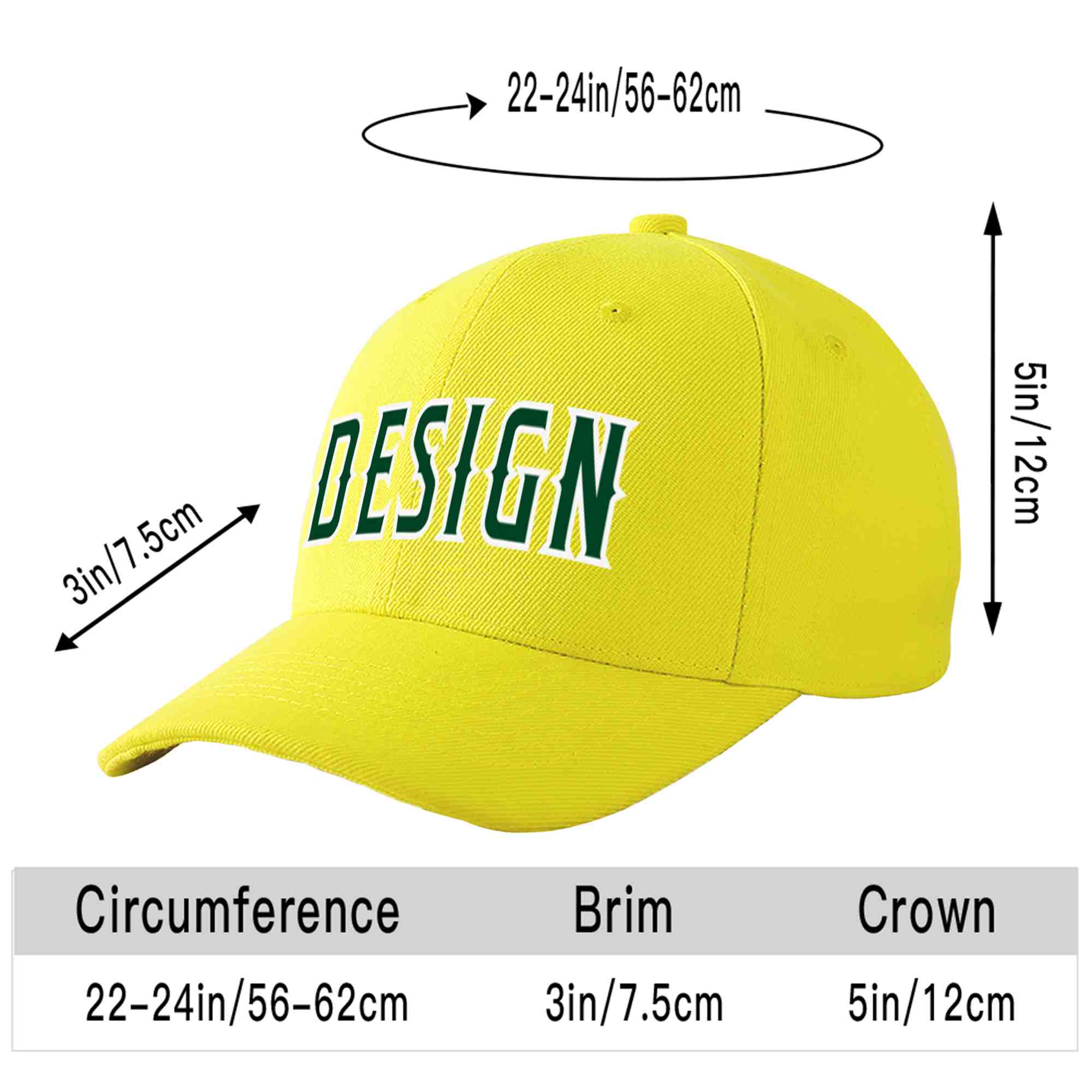 Casquette de baseball incurvée personnalisée jaune vert-blanc avec avant-toit