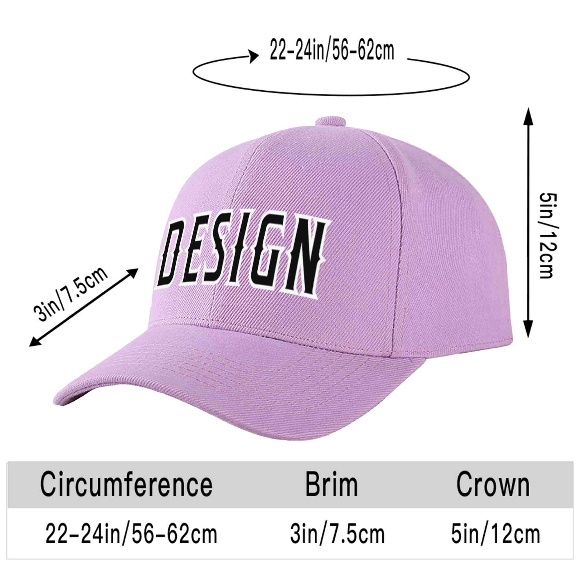 Casquette de baseball personnalisée, violet clair, noir et blanc, design sportif, avec avant-toit incurvé