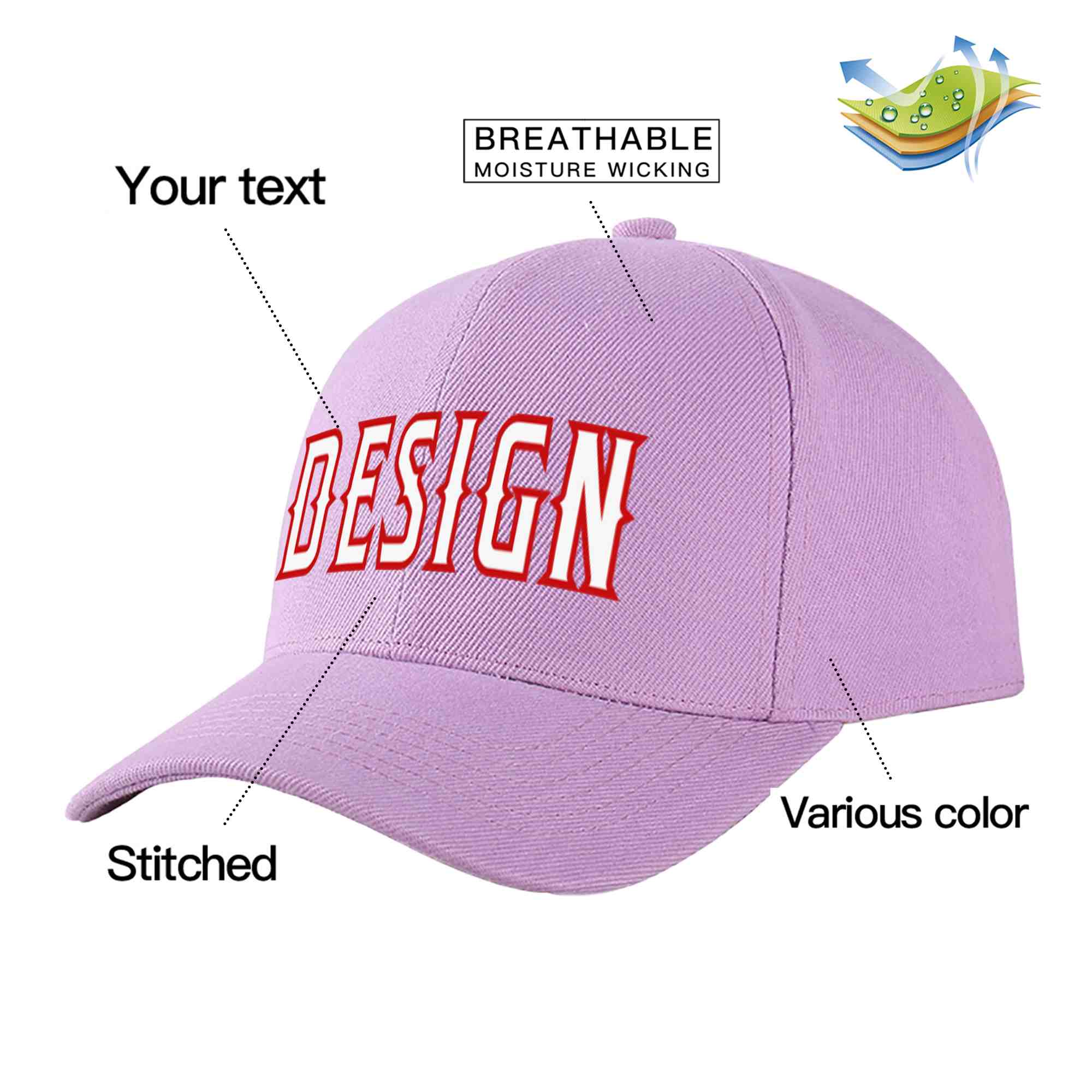 Custom Light Purple White-Red Curved Eaves Sport Design Baseball Cap