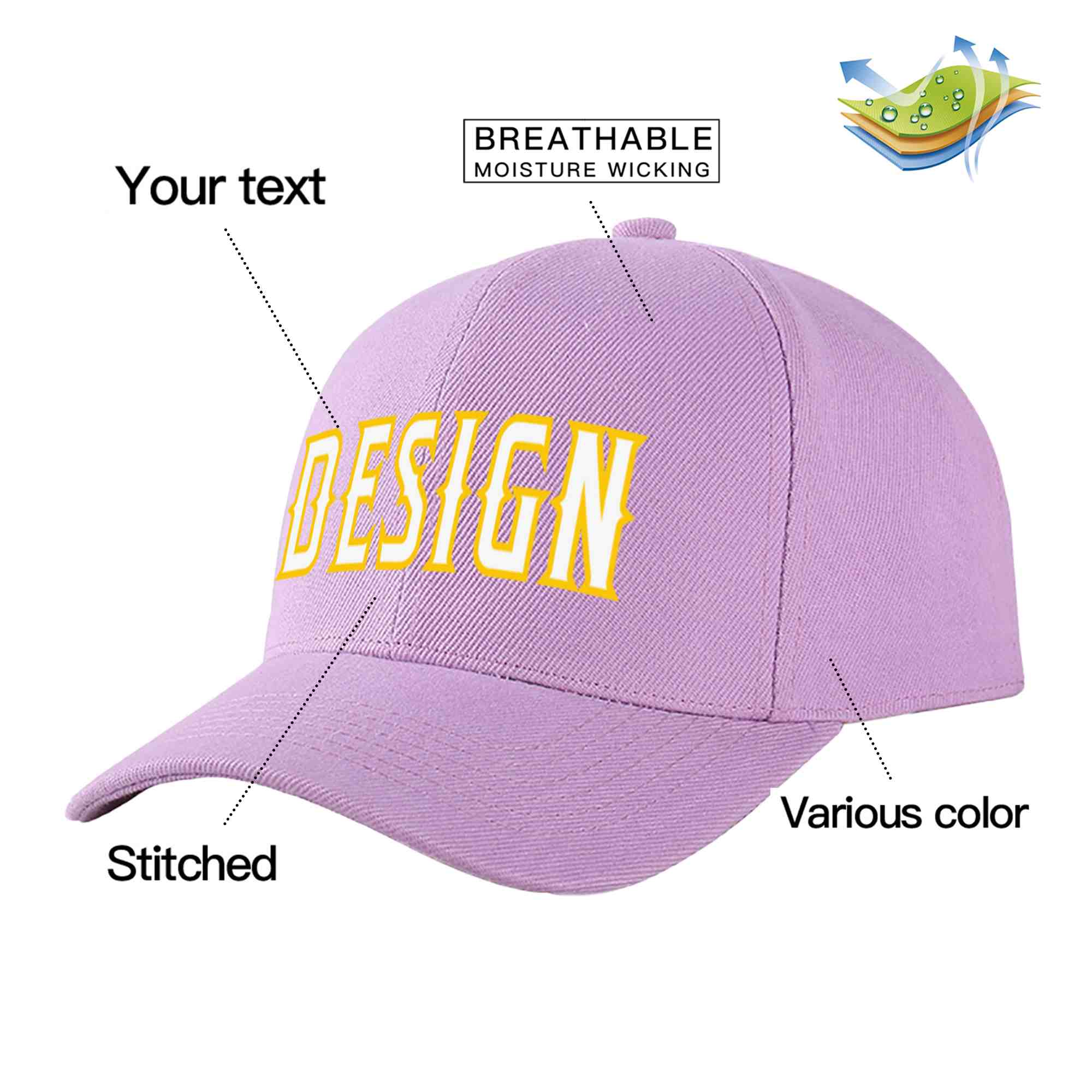 Custom Light Purple White-Gold Curved Eaves Sport Design Baseball Cap