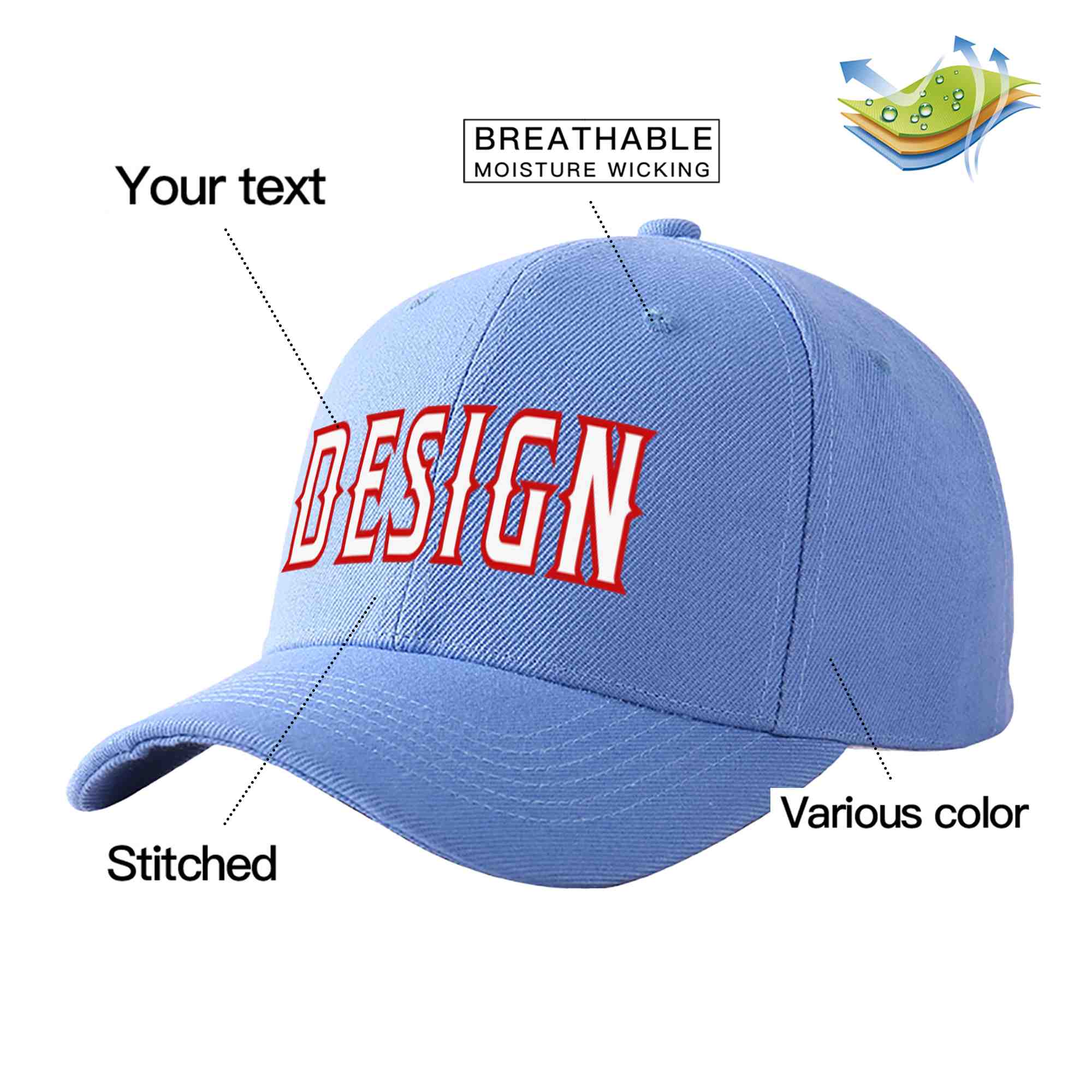 Casquette de baseball personnalisée bleu ciel blanc-rouge avec avant-toit incurvé