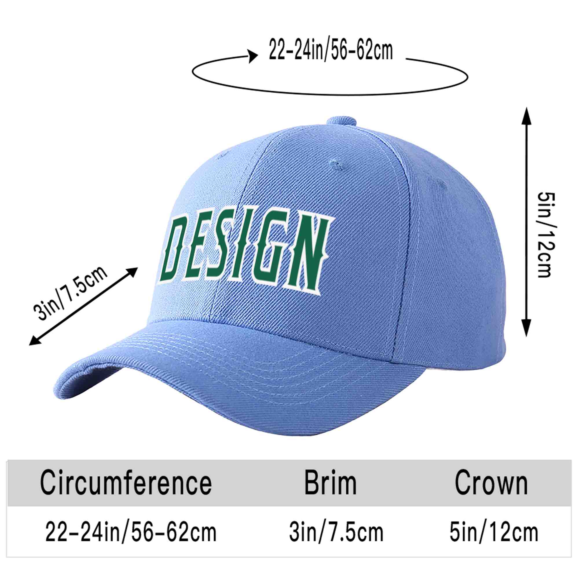 Casquette de baseball personnalisée bleu ciel Kelly vert-blanc avec avant-toit incurvé