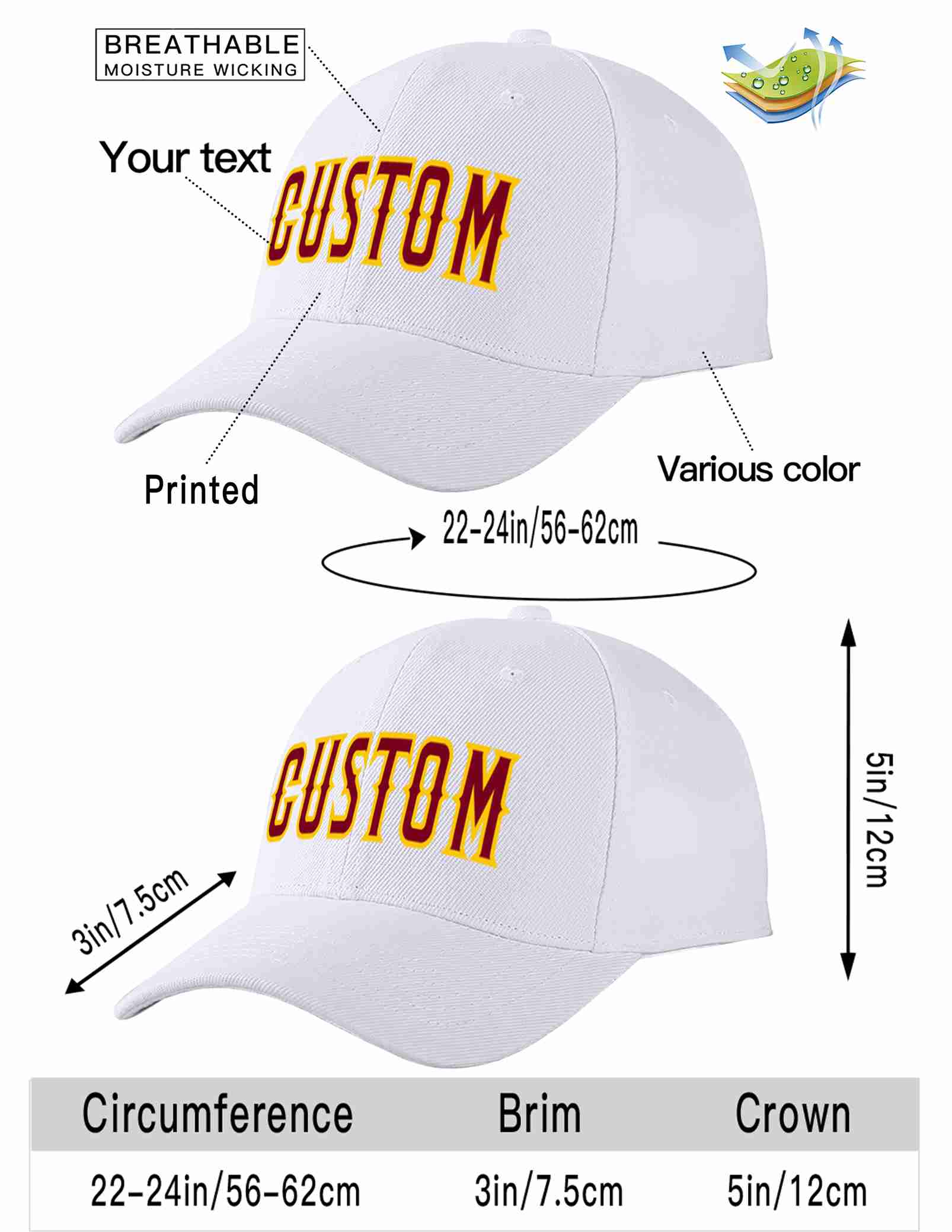 Conception personnalisée de casquette de baseball de sport incurvée blanc cramoisi-jaune pour hommes/femmes/jeunes