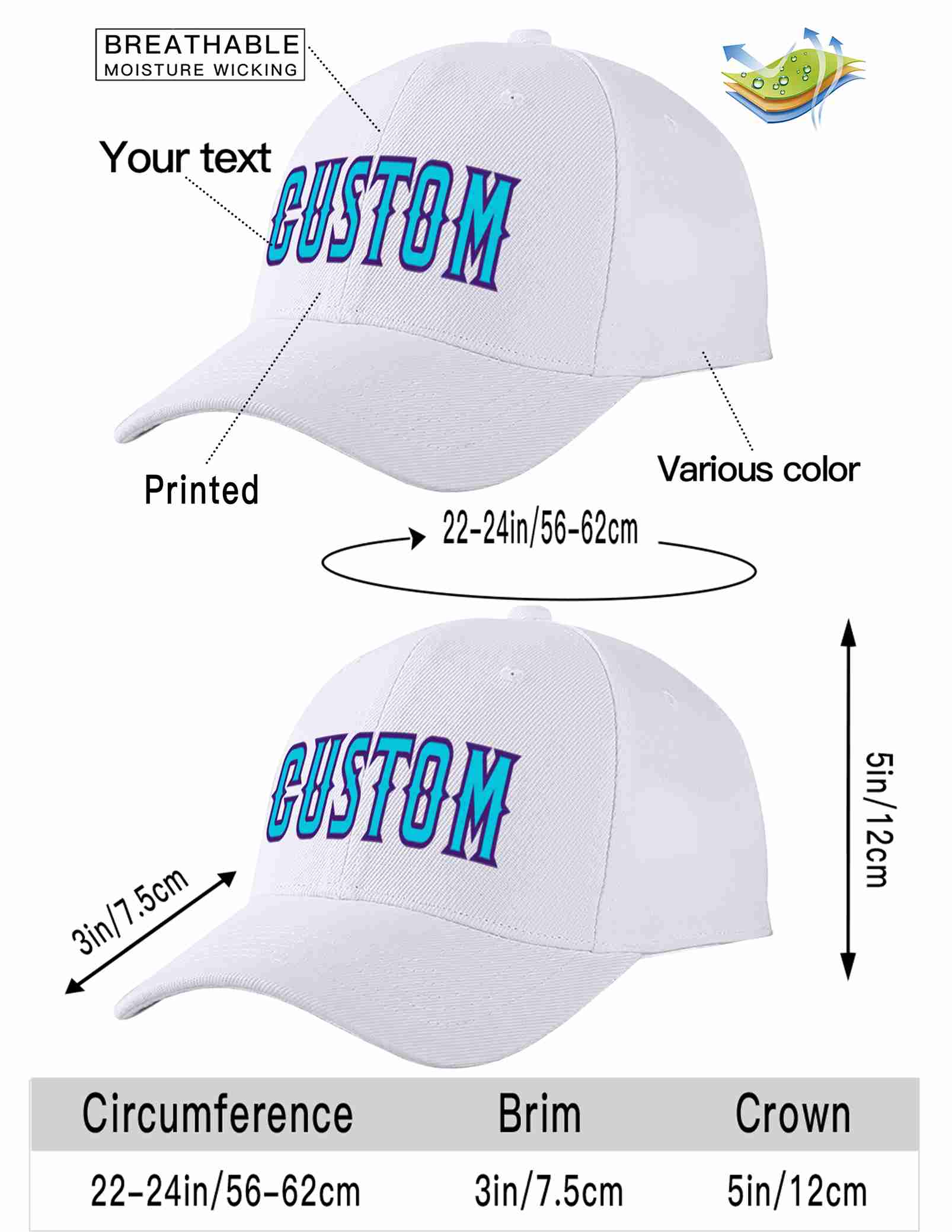 Custom White Light Blue-Purple Curved Eaves Sport Baseball Cap Design for Men/Women/Youth