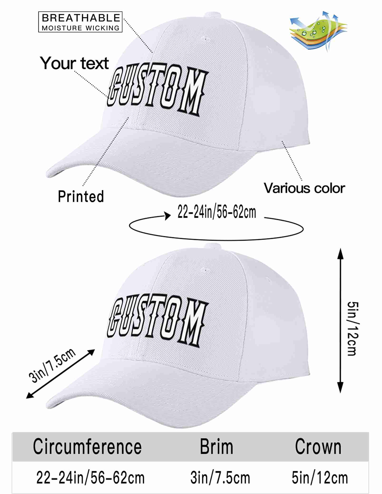 Custom White White-Black Curved Eaves Sport Baseball Cap Design for Men/Women/Youth