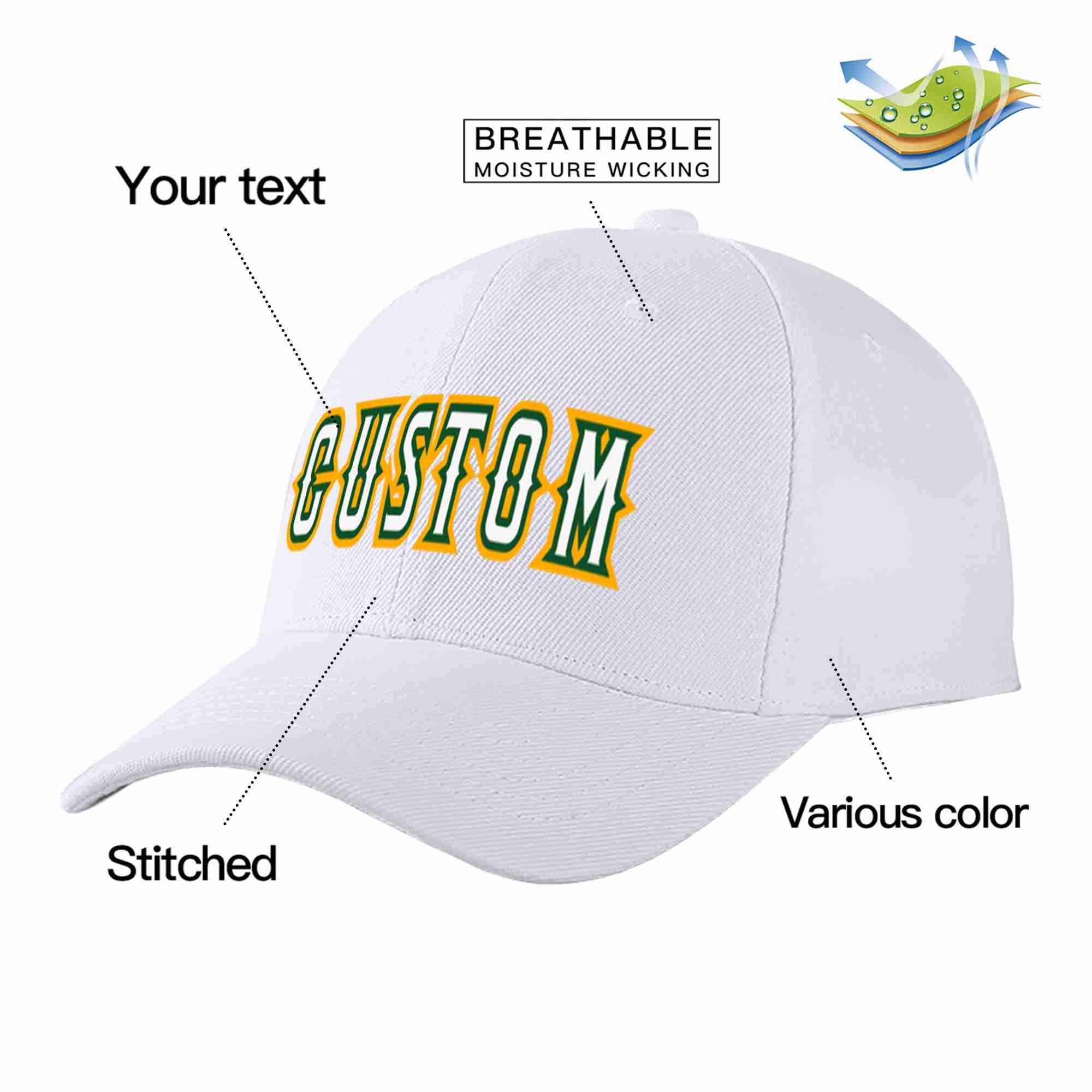 Custom White White-Kelly Green Curved Eaves Sport Baseball Cap Design for Men/Women/Youth