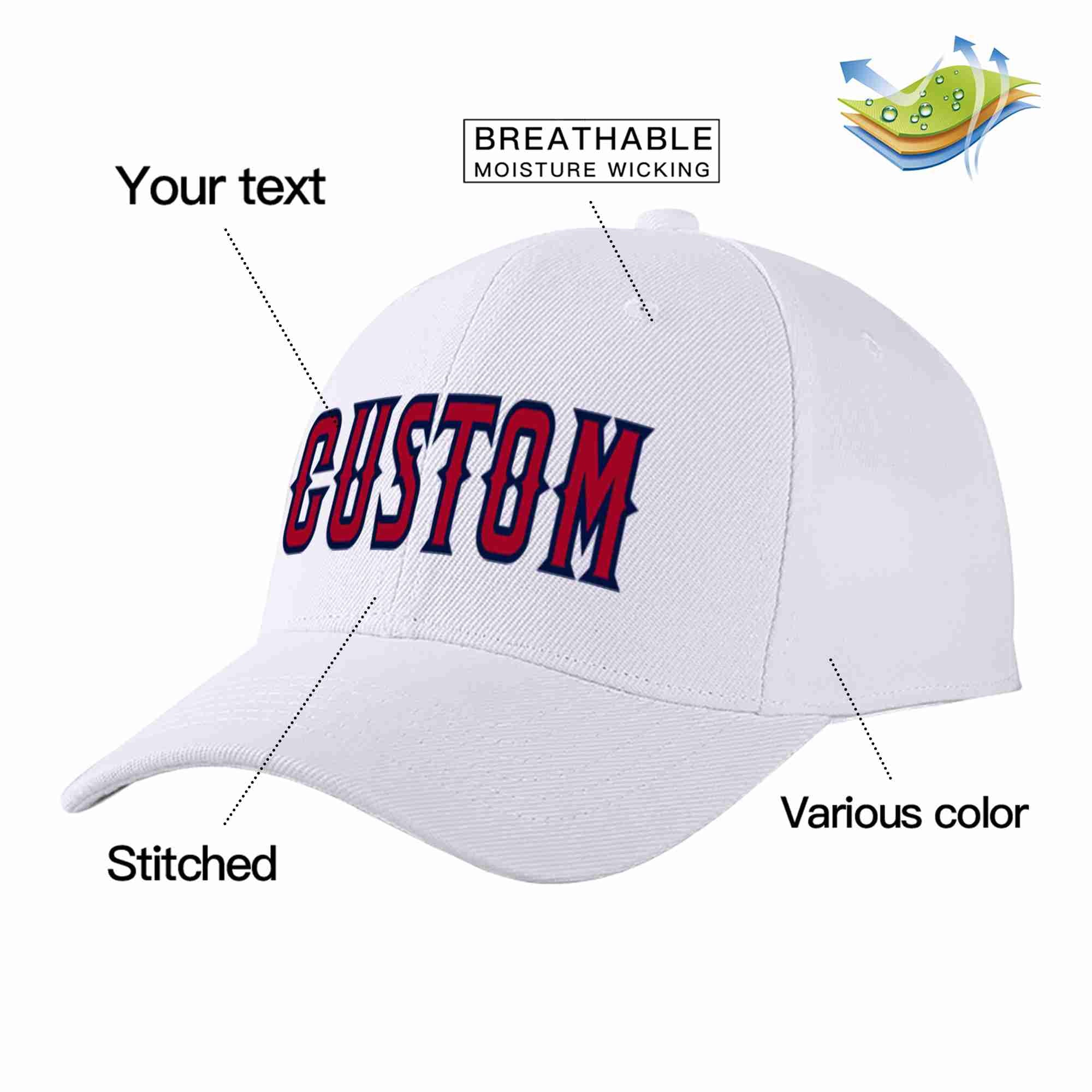 Custom White Red-Navy Curved Eaves Sport Baseball Cap Design for Men/Women/Youth