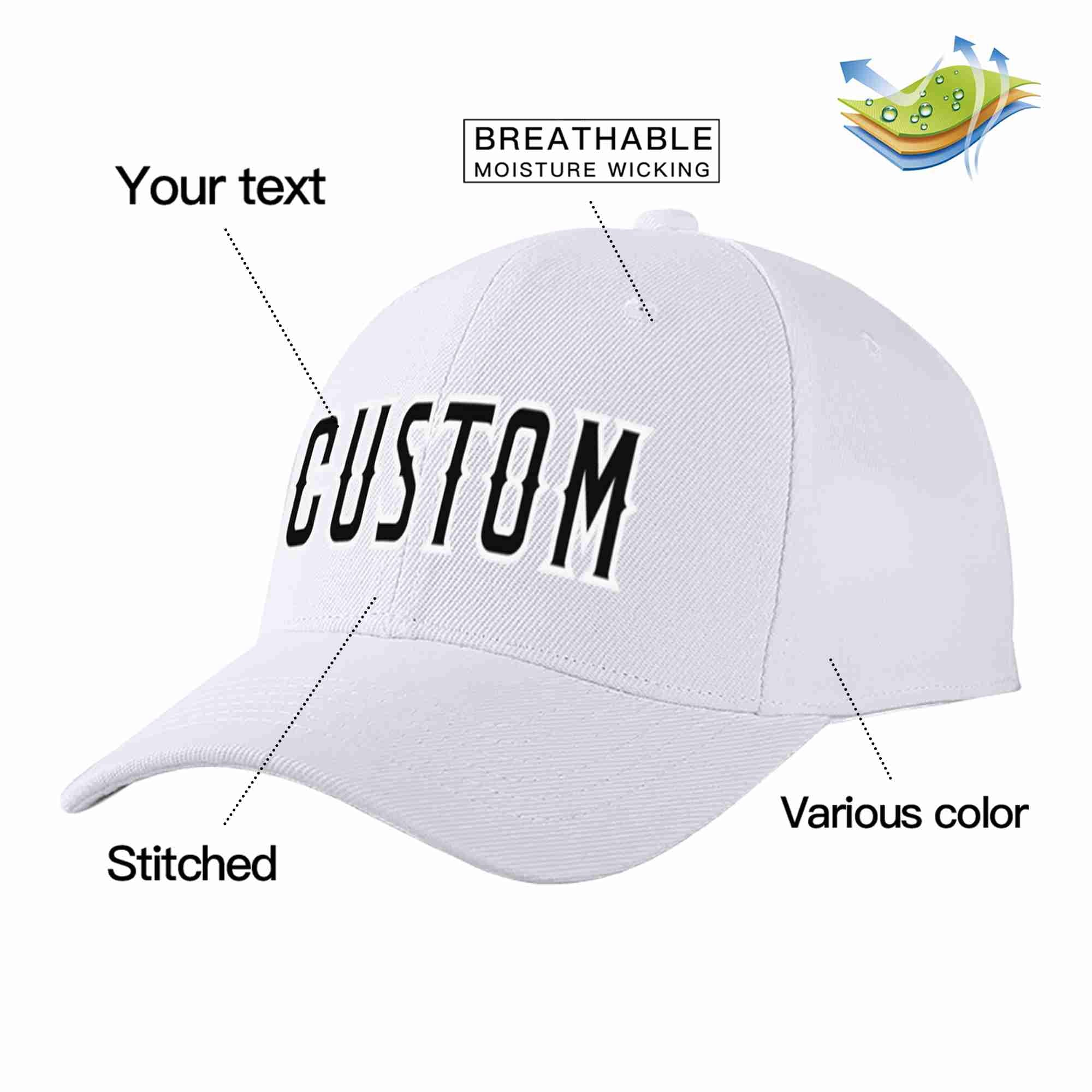 Custom White Black-White Curved Eaves Sport Baseball Cap Design for Men/Women/Youth