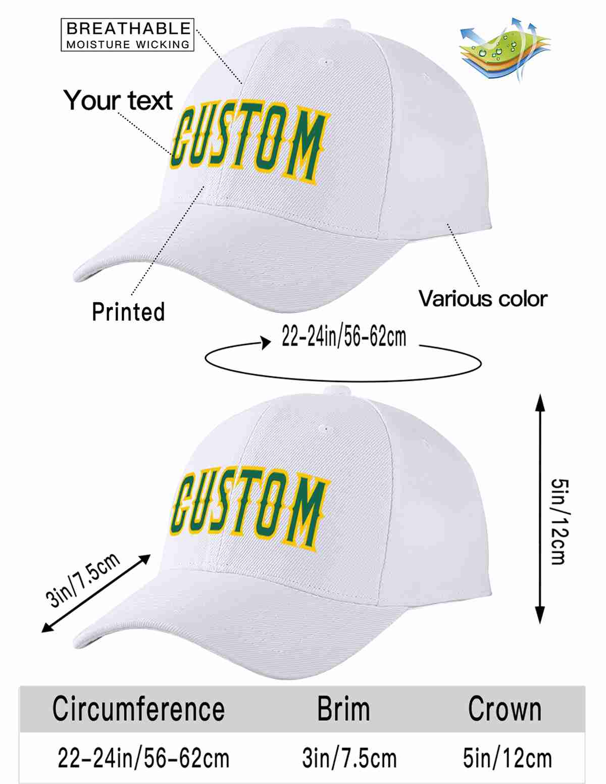 Casquette de baseball de sport incurvée blanche Kelly vert-jaune personnalisée pour hommes/femmes/jeunes