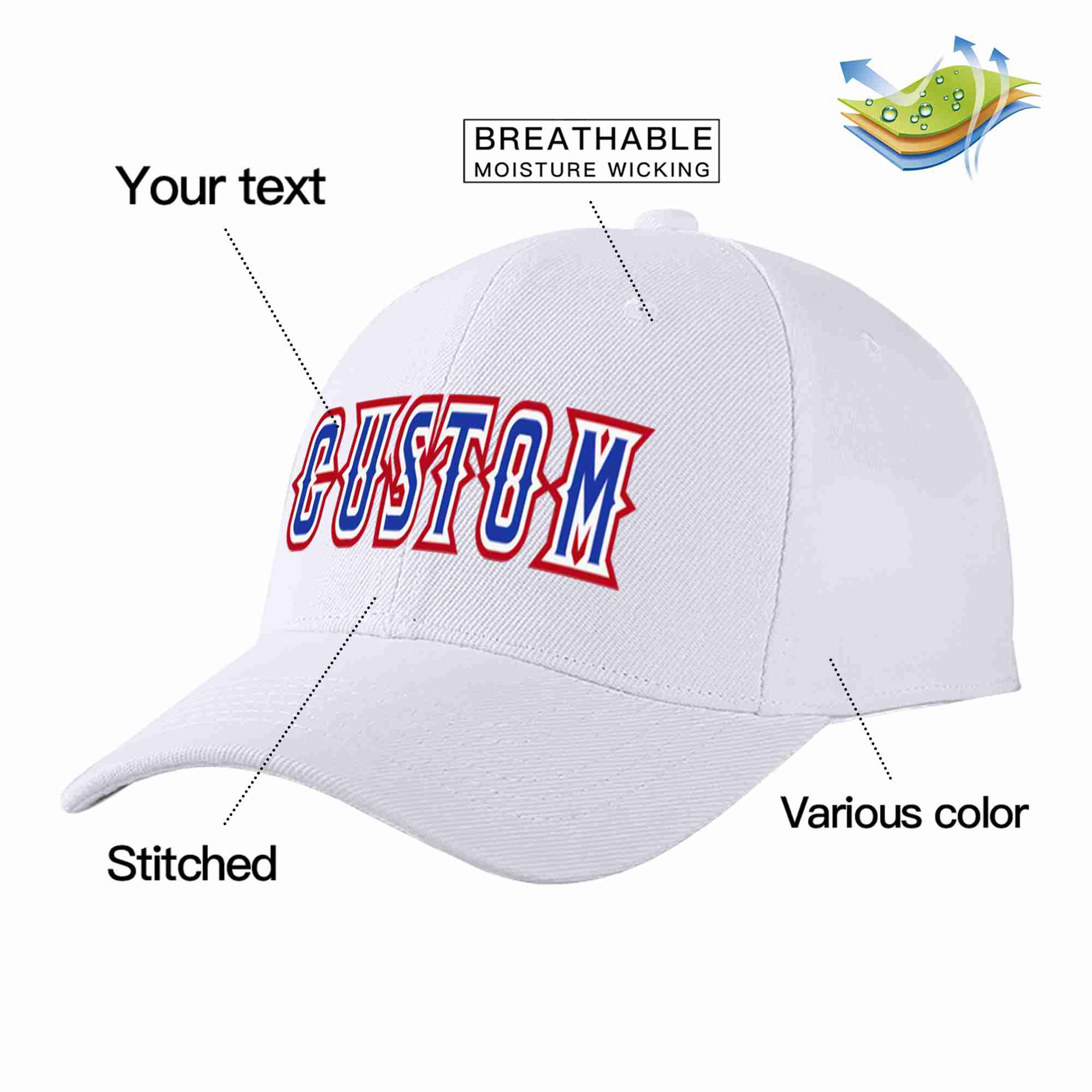 Custom White Royal-White Curved Eaves Sport Baseball Cap Design for Men/Women/Youth