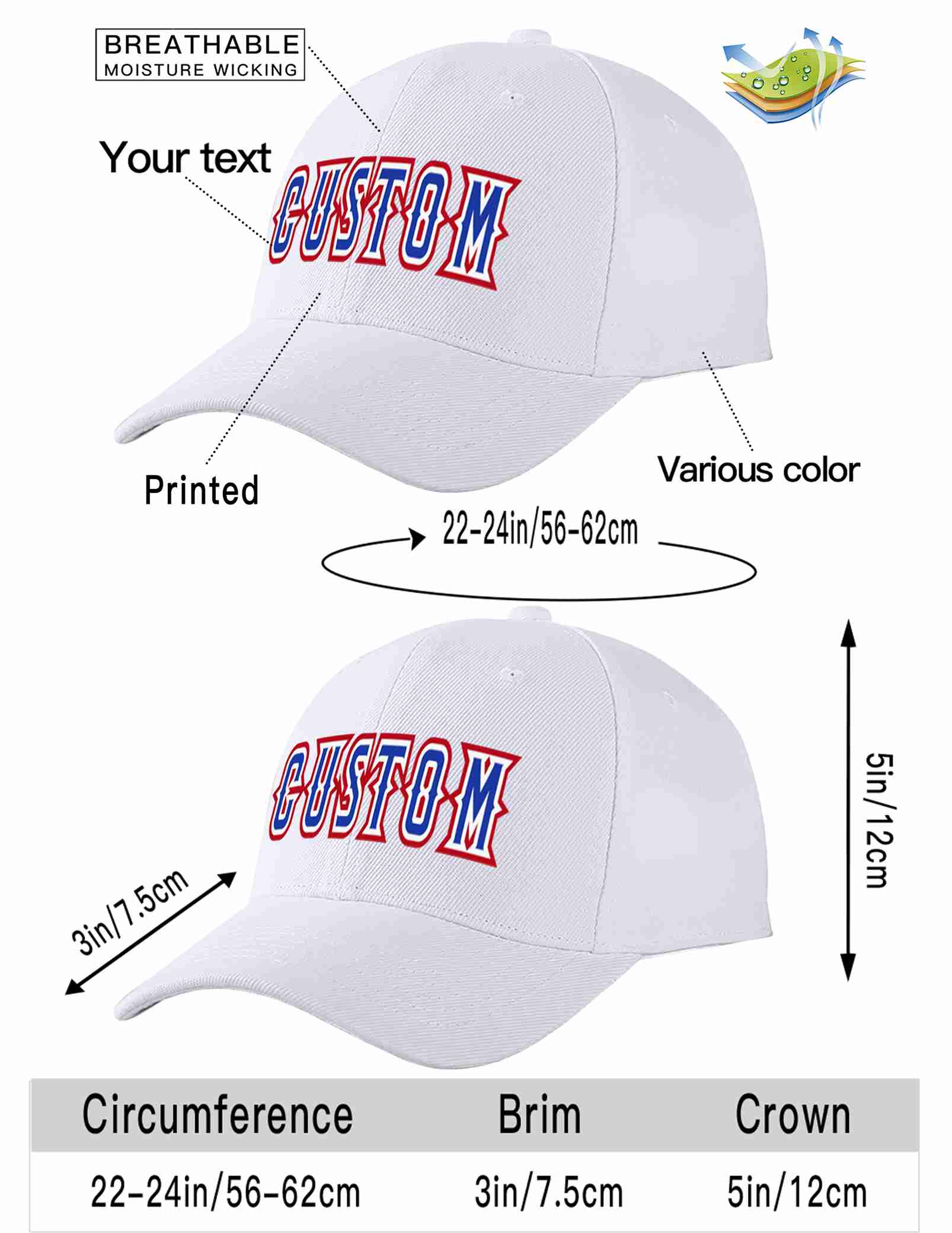 Custom White Royal-White Curved Eaves Sport Baseball Cap Design for Men/Women/Youth