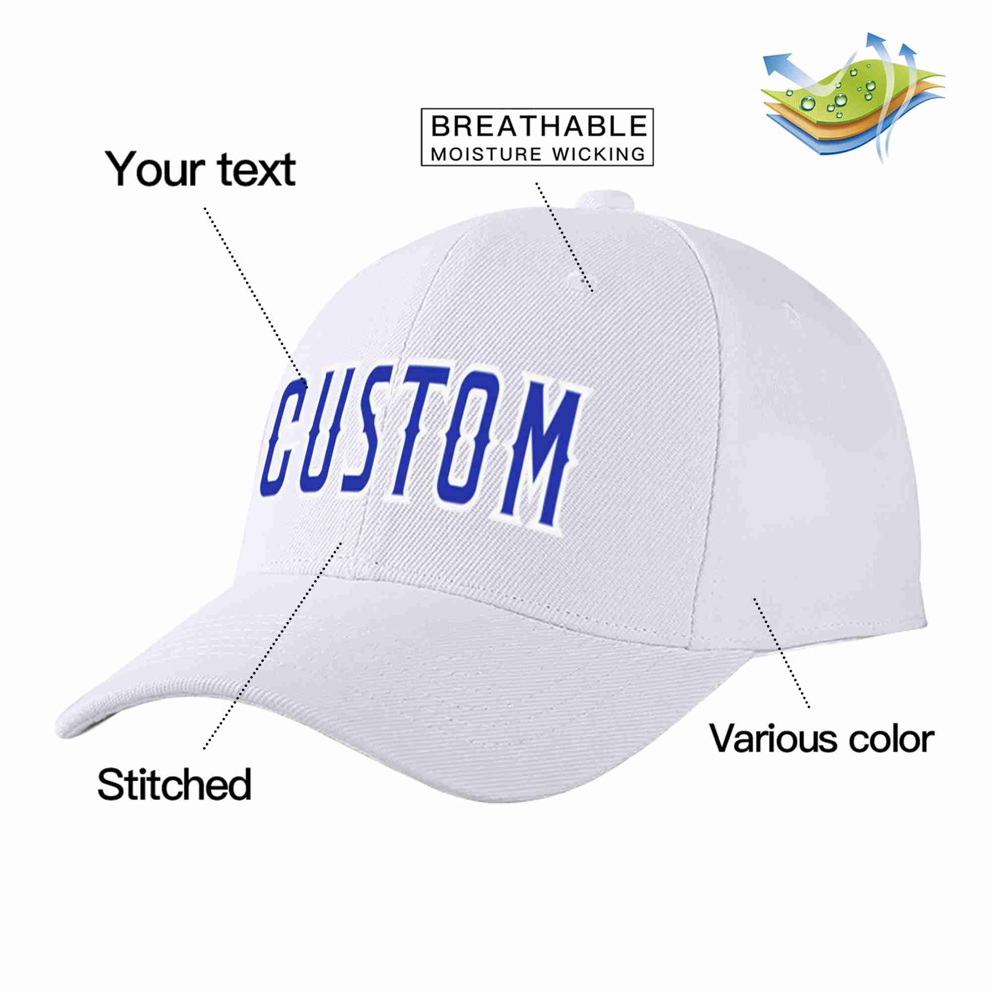 Conception personnalisée de casquette de baseball de sport incurvée blanc royal-blanc pour hommes/femmes/jeunes