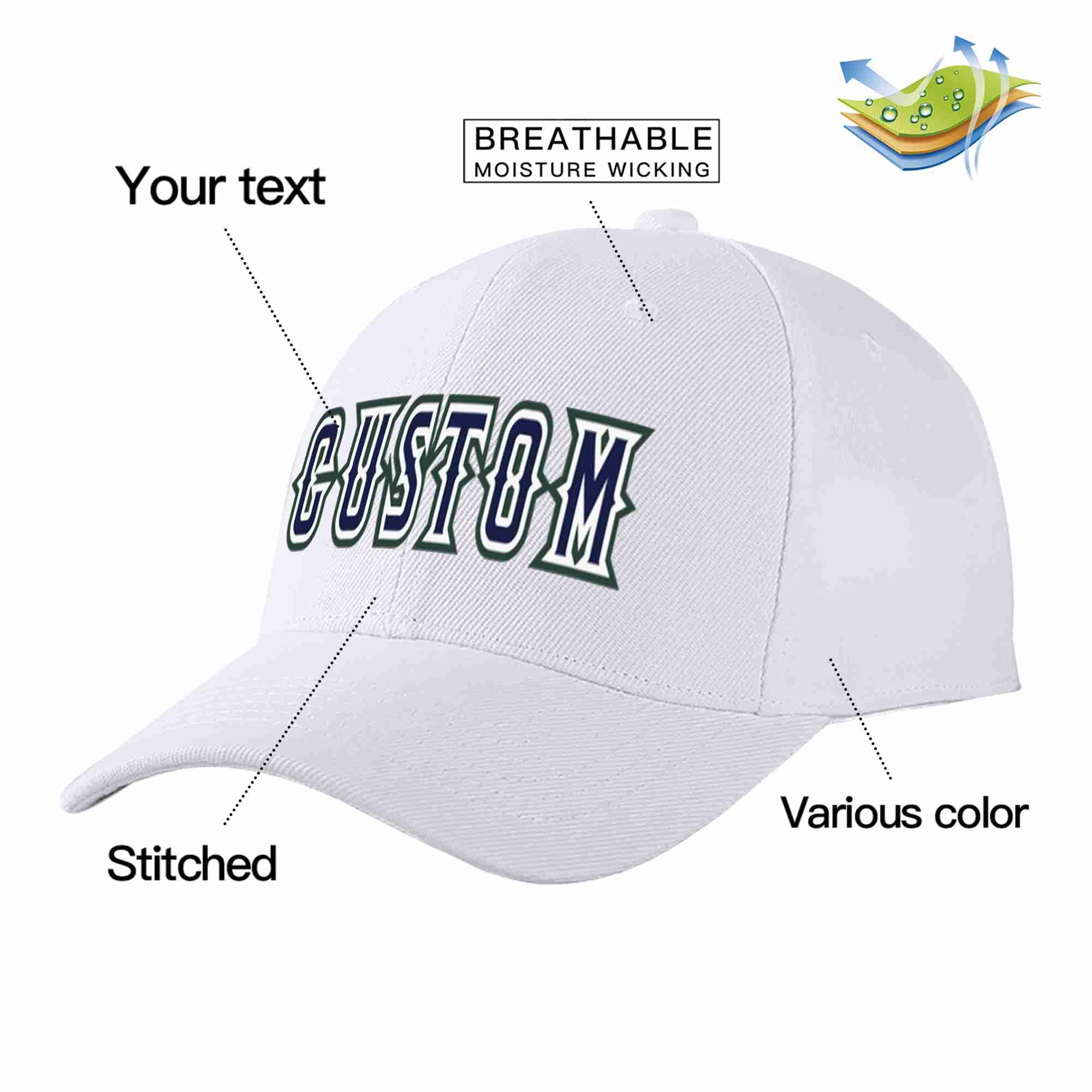 Conception personnalisée de casquette de baseball de sport incurvée blanc marine-blanc pour hommes/femmes/jeunes