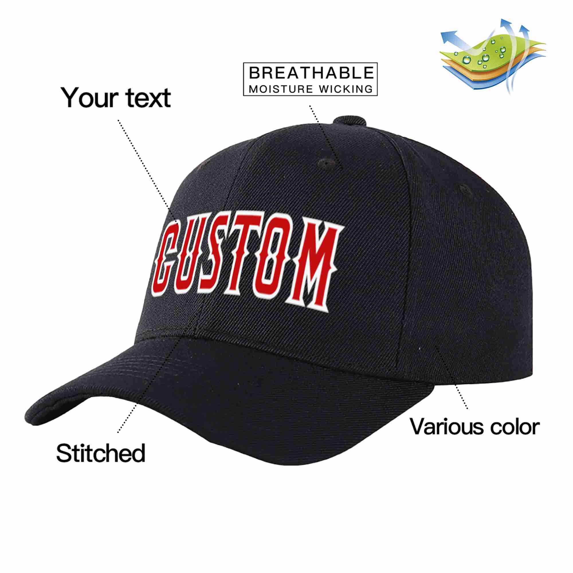 Custom Black Red-White Curved Eaves Sport Baseball Cap Design for Men/Women/Youth