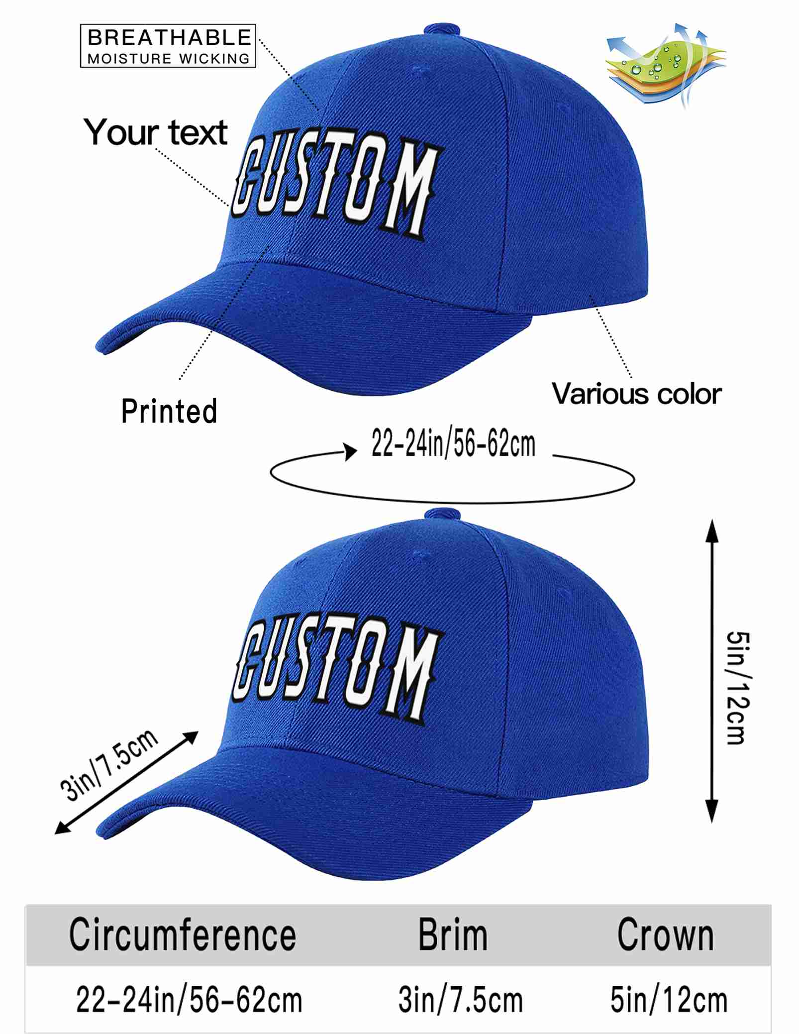 Custom Royal White-Black Curved Eaves Sport Baseball Cap Design for Men/Women/Youth