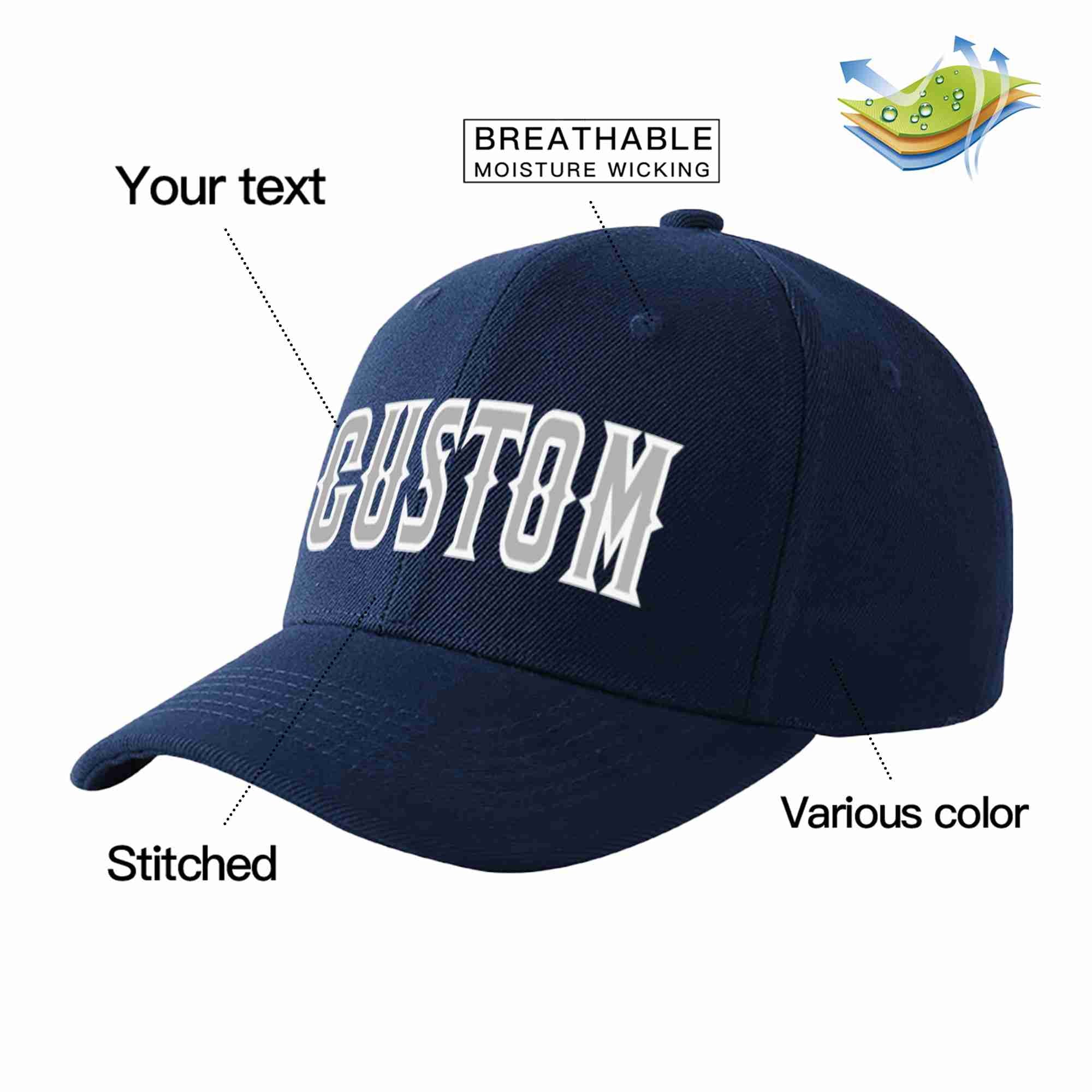 Conception personnalisée de casquette de baseball de sport incurvée gris-blanc marine pour hommes/femmes/jeunes