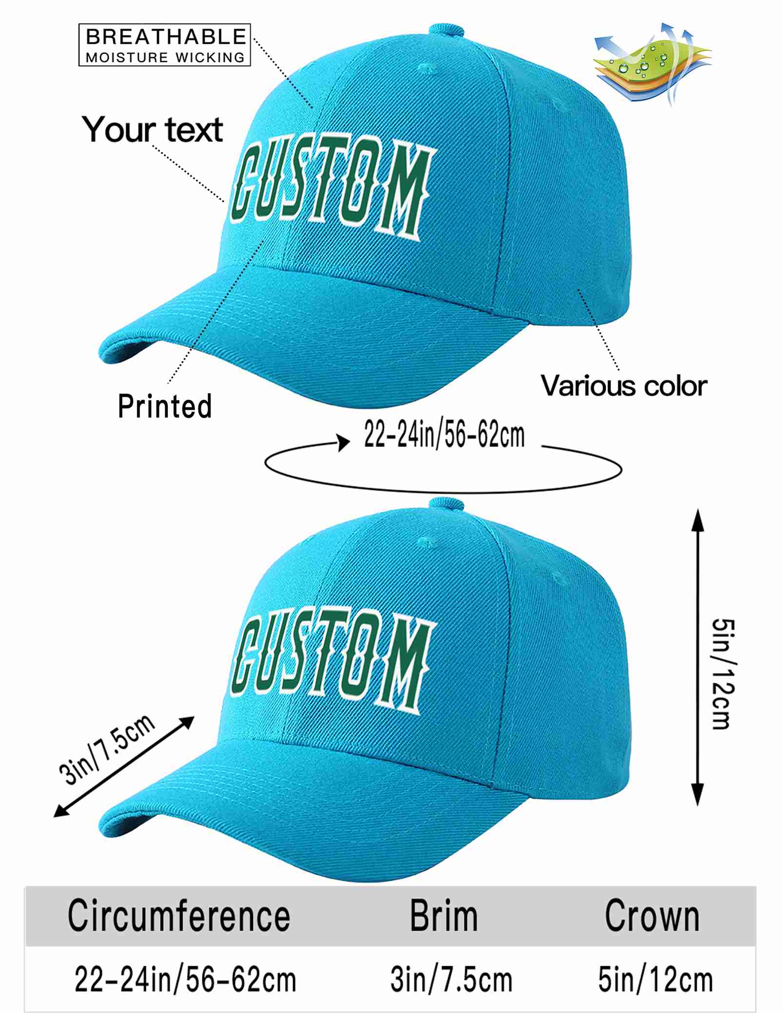 Custom Aqua Kelly Green-White Curved Eaves Sport Baseball Cap Design for Men/Women/Youth